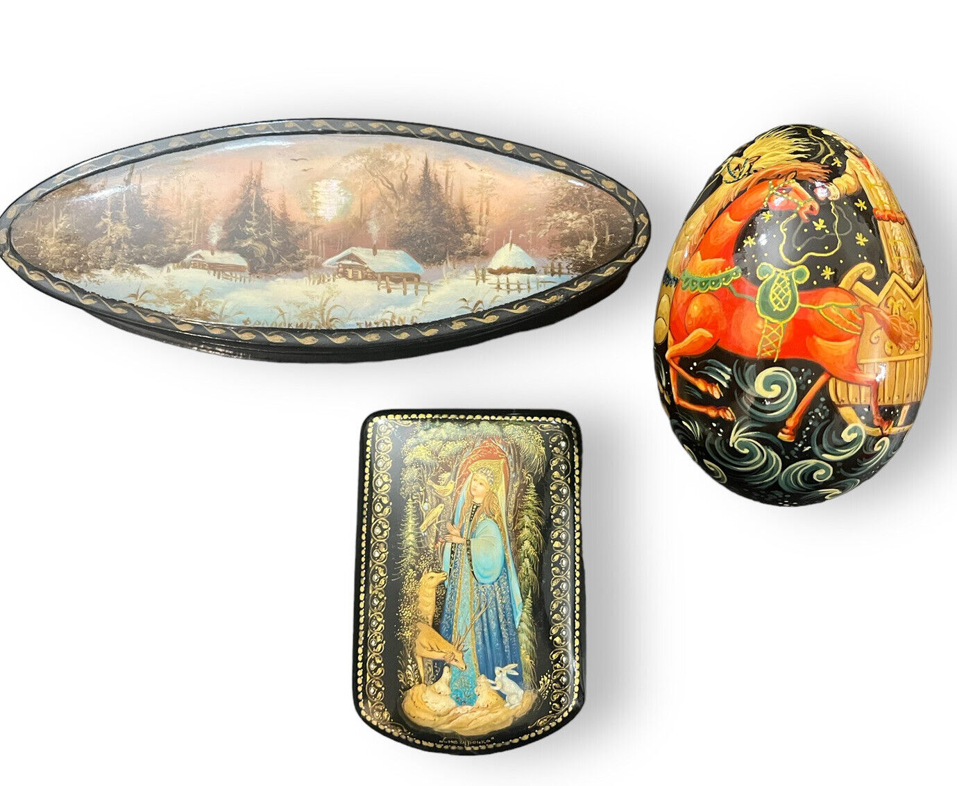 Russian Lacquer Hand Painted and Signed Trio: 2 Boxes and 1 Egg Mother of Pearl