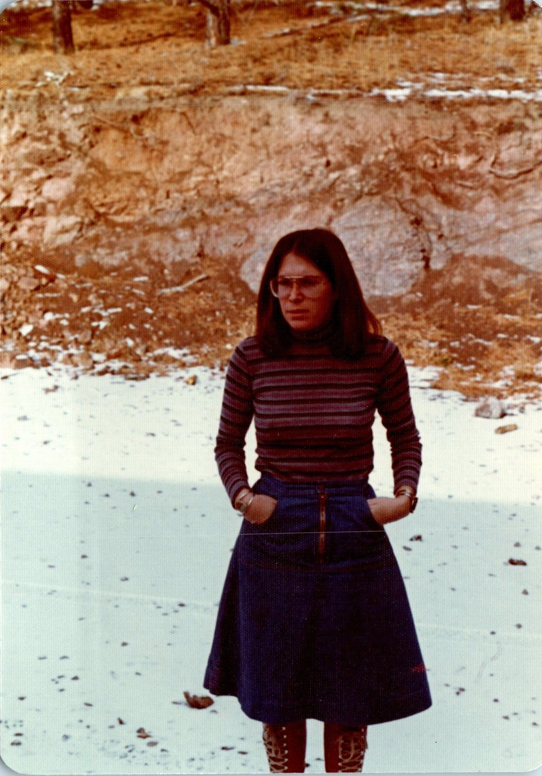 1970s Girl Standing in Snow Nerd Denim Skirt Retro Fashion Vintage Photo