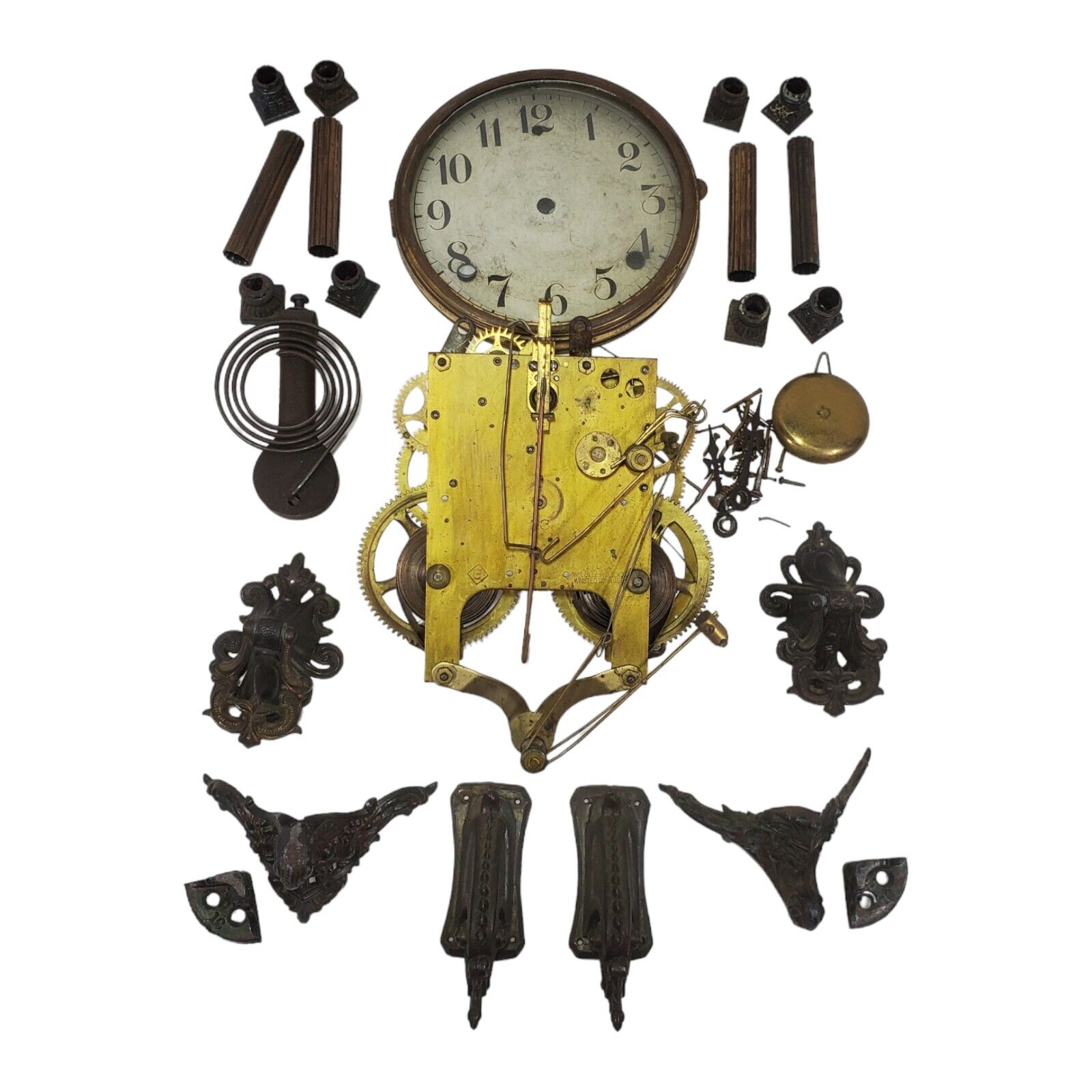 Antique Gilbert Clock Movement Parts Repair Extras Dial Pendulum & Feet