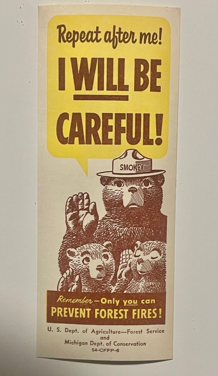 1954 Vintage Smokey the Bear Bookmark Ruler Forest Fire Prevention USFS Poster