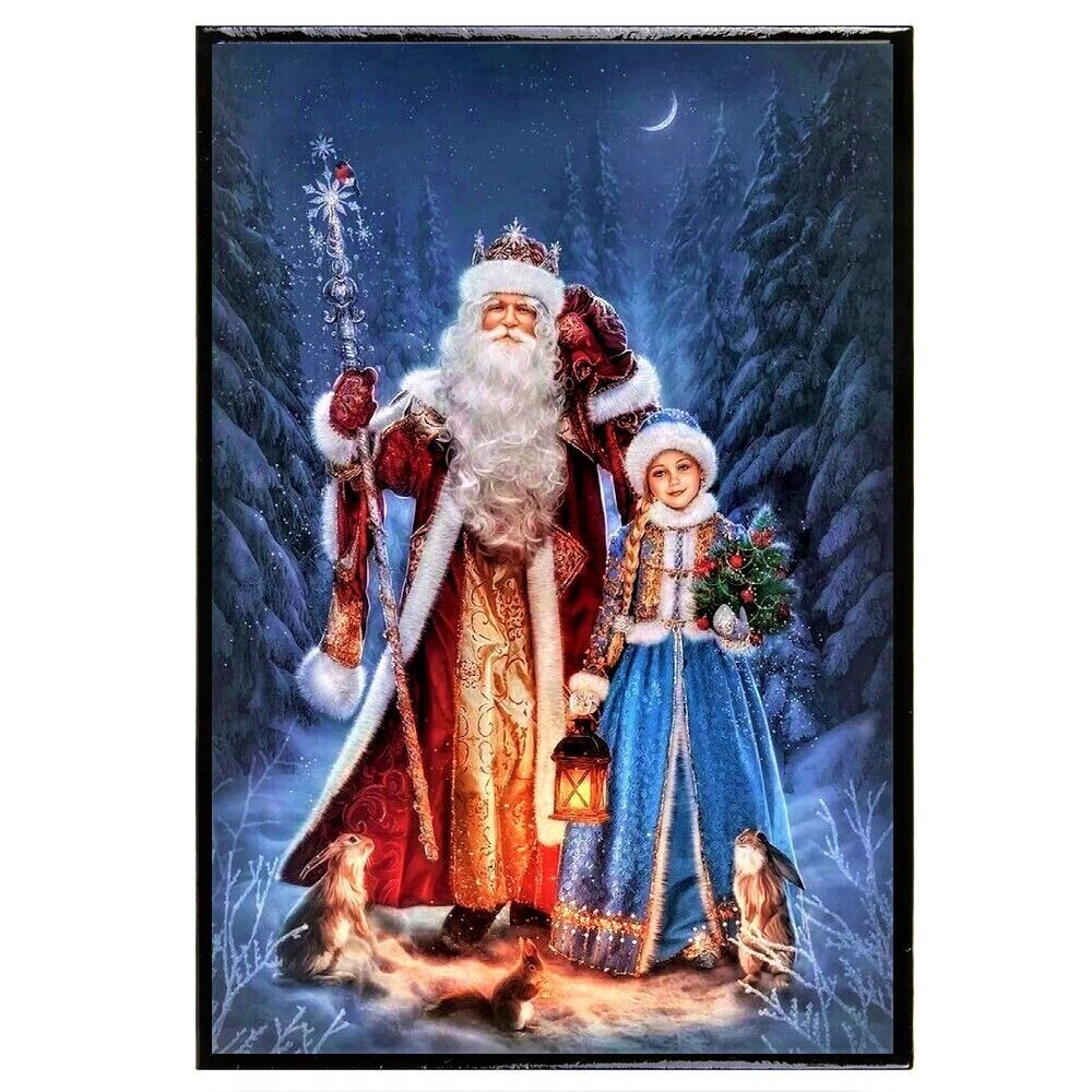 Father Frost & Snow Maiden Russian Lacquered Trinket Box Christmas Keepsake 4x6\