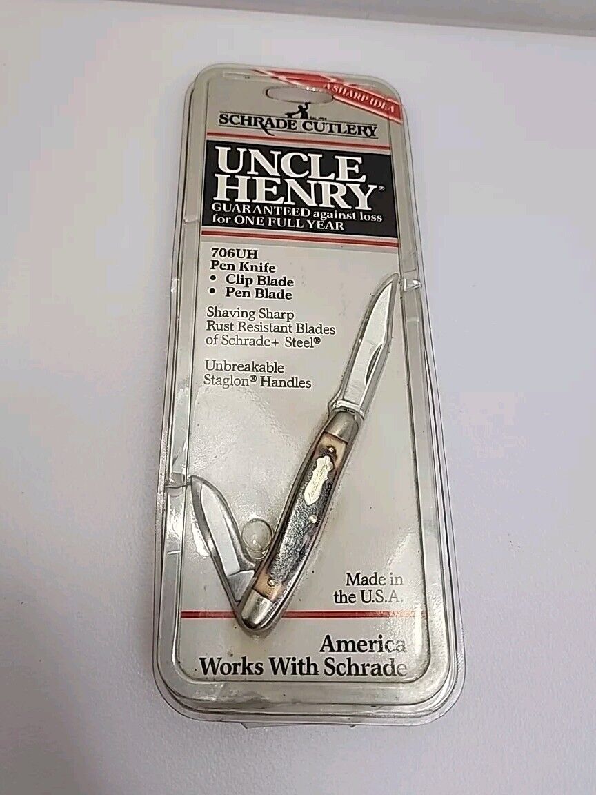 Schrade Uncle Henry Knife USA 706UH NOS Two Blade Folder Jigged Staglon Handles