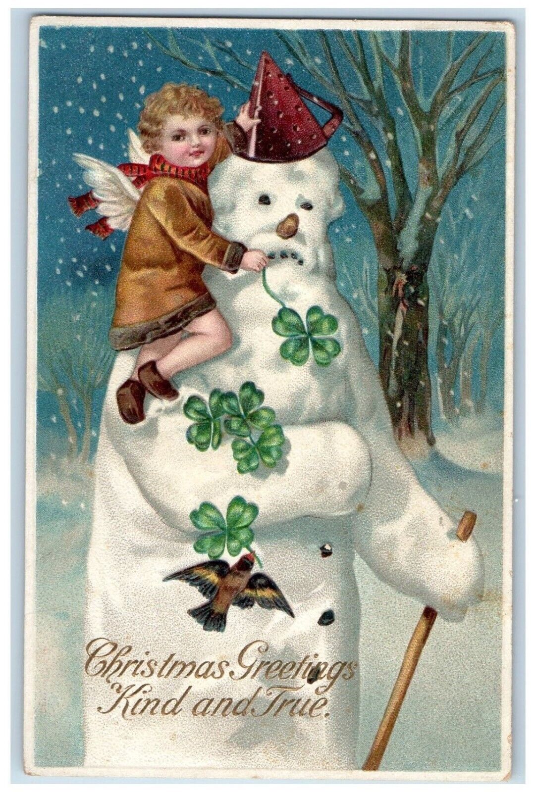 c1910's Christmas Greetings Snowman Angel Shamrock Clapsaddle (?) Postcard