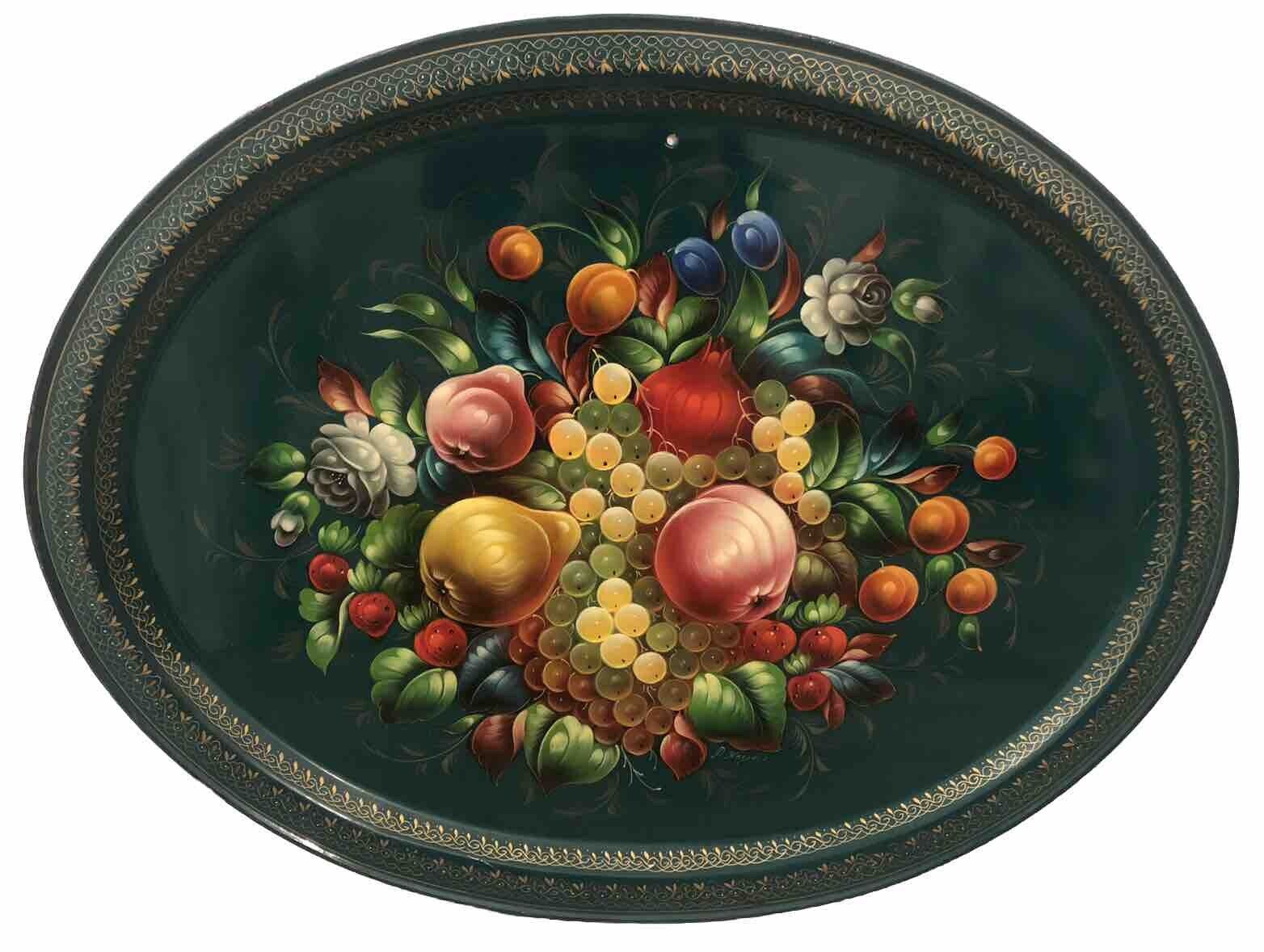 XXL Vintage Zhostovo Russian Toleware Tray, 26”x21”, Fruits Floral Handpainted