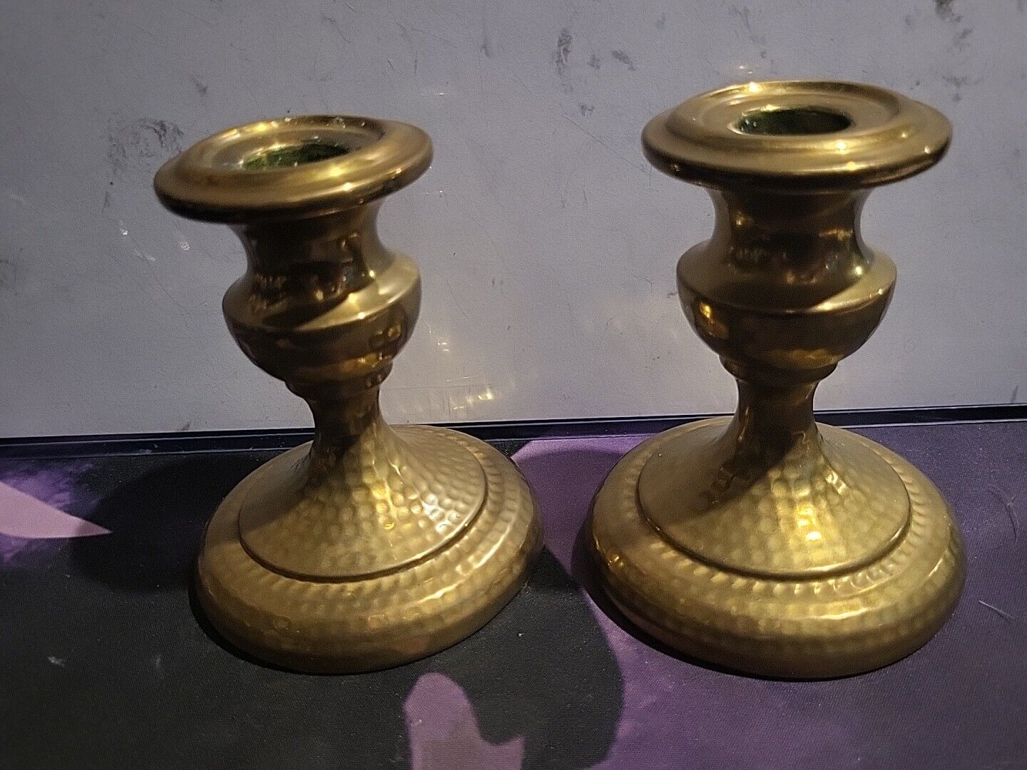 vintage hammered Weighted  brass candle sticks Set Of Two Taper candle holders