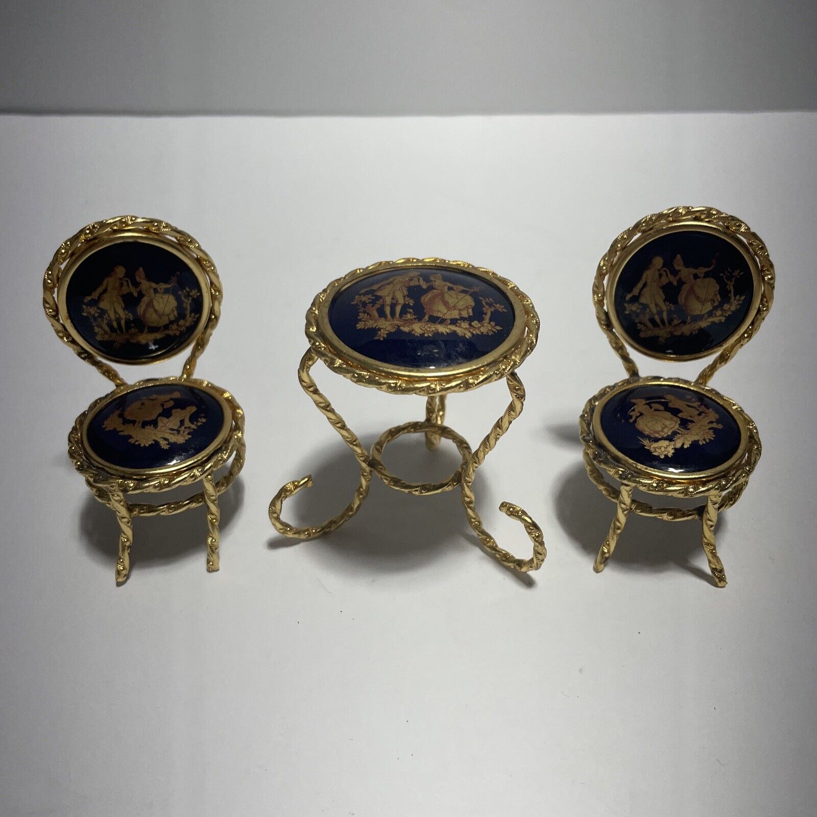 Vintage French Limoges Miniature Dark Cobalt/Gold Table Chair Set 3 pcs Signed