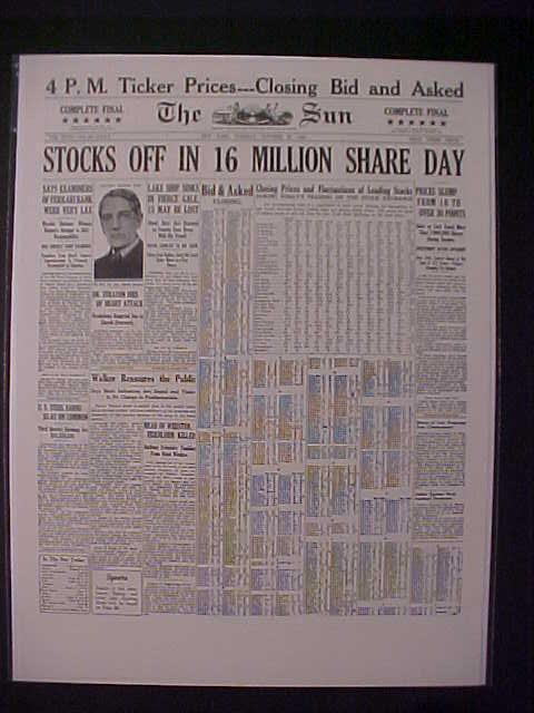 VINTAGE NEWSPAPER HEADLINES ~ NEW YORK CITY WALL STREET STOCK MARKET CRASH  1929