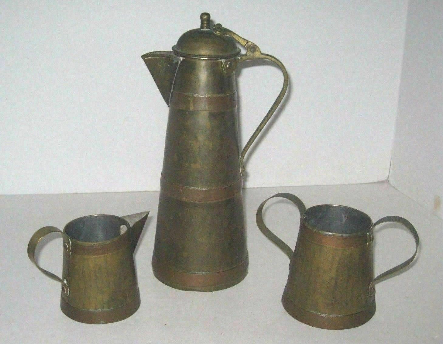 Antique Hammered Brass & Copper Chocolate Set Pot Mission Arts Period c: 1920s