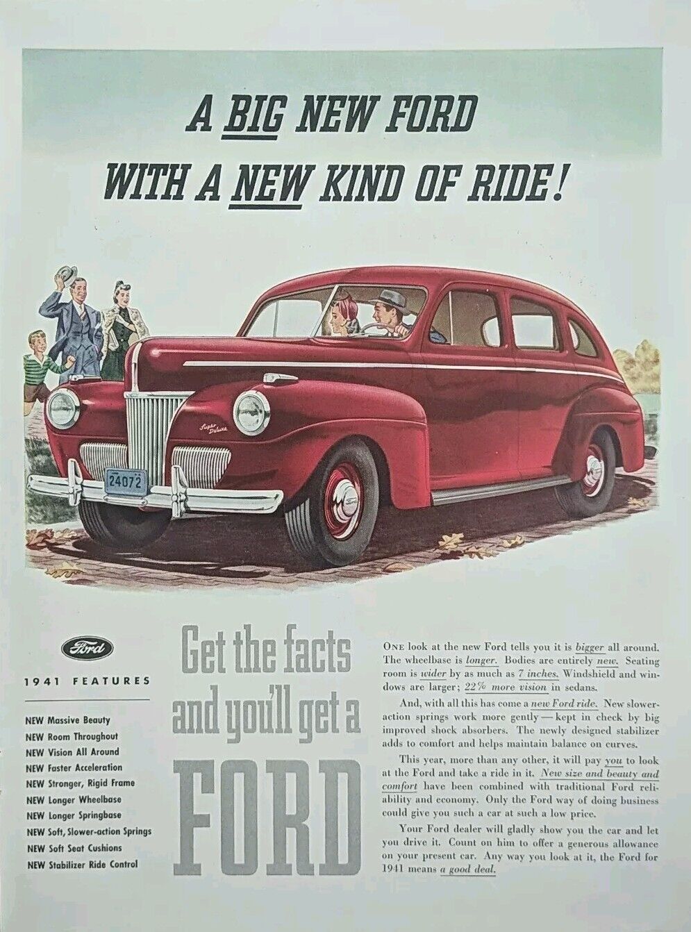 1941 Vintage Red Ford 4 Door Hardtop Print Ad, Pre WW2 Advertisement 