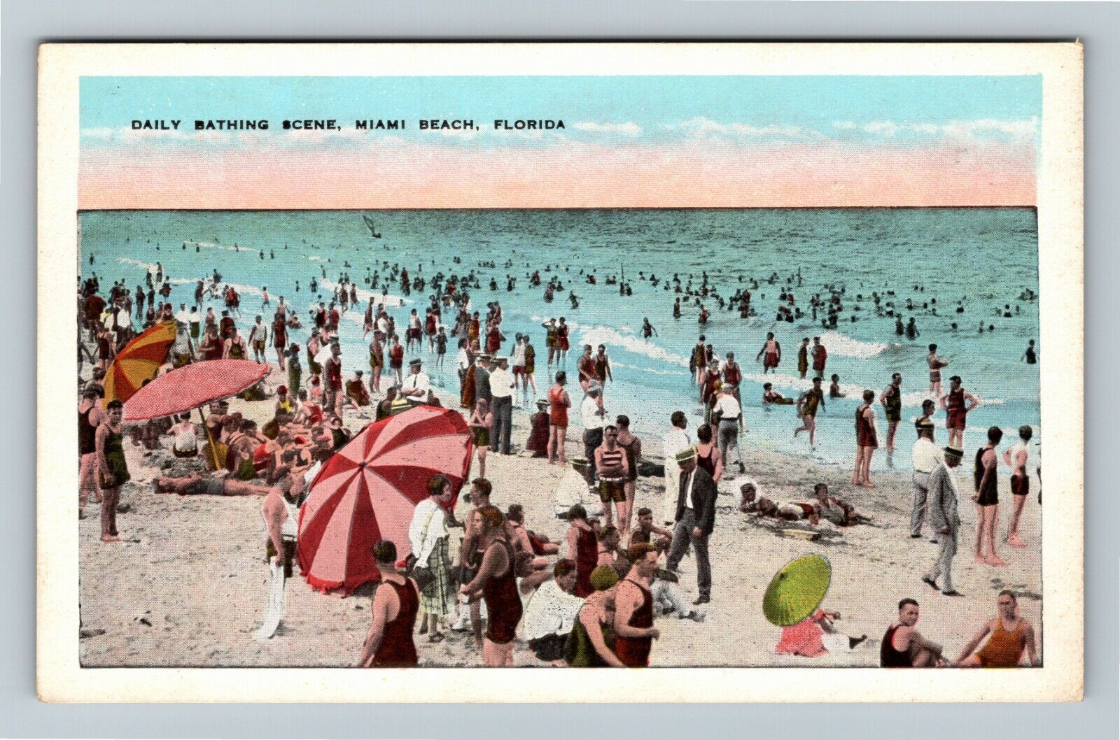 Miami, FL-Florida, Daily Bathing Scene, Beach, Vintage Postcard