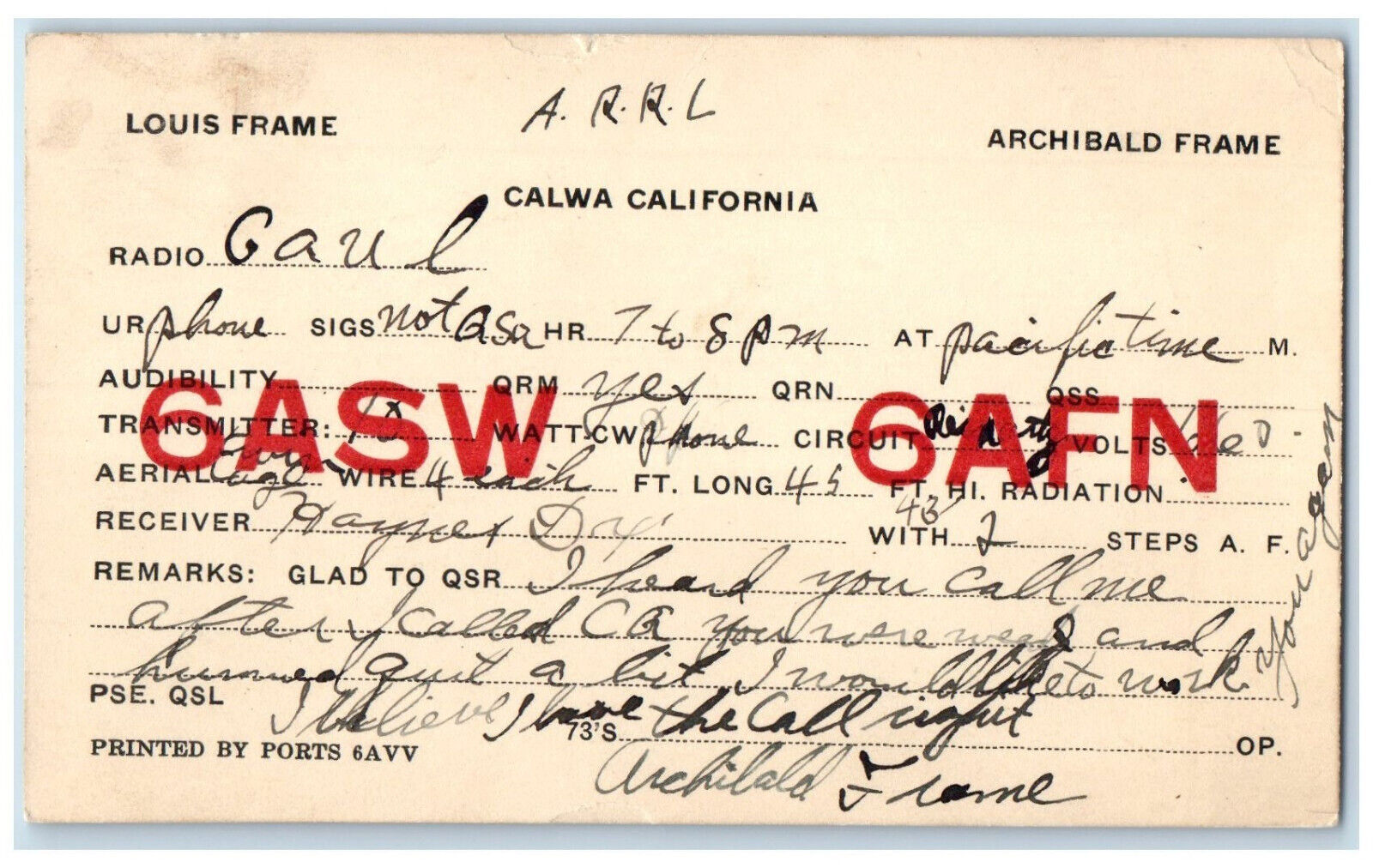 c1920\'s Louis Archibald Frame Ham QSL Radio Calwa California CA Postal Card