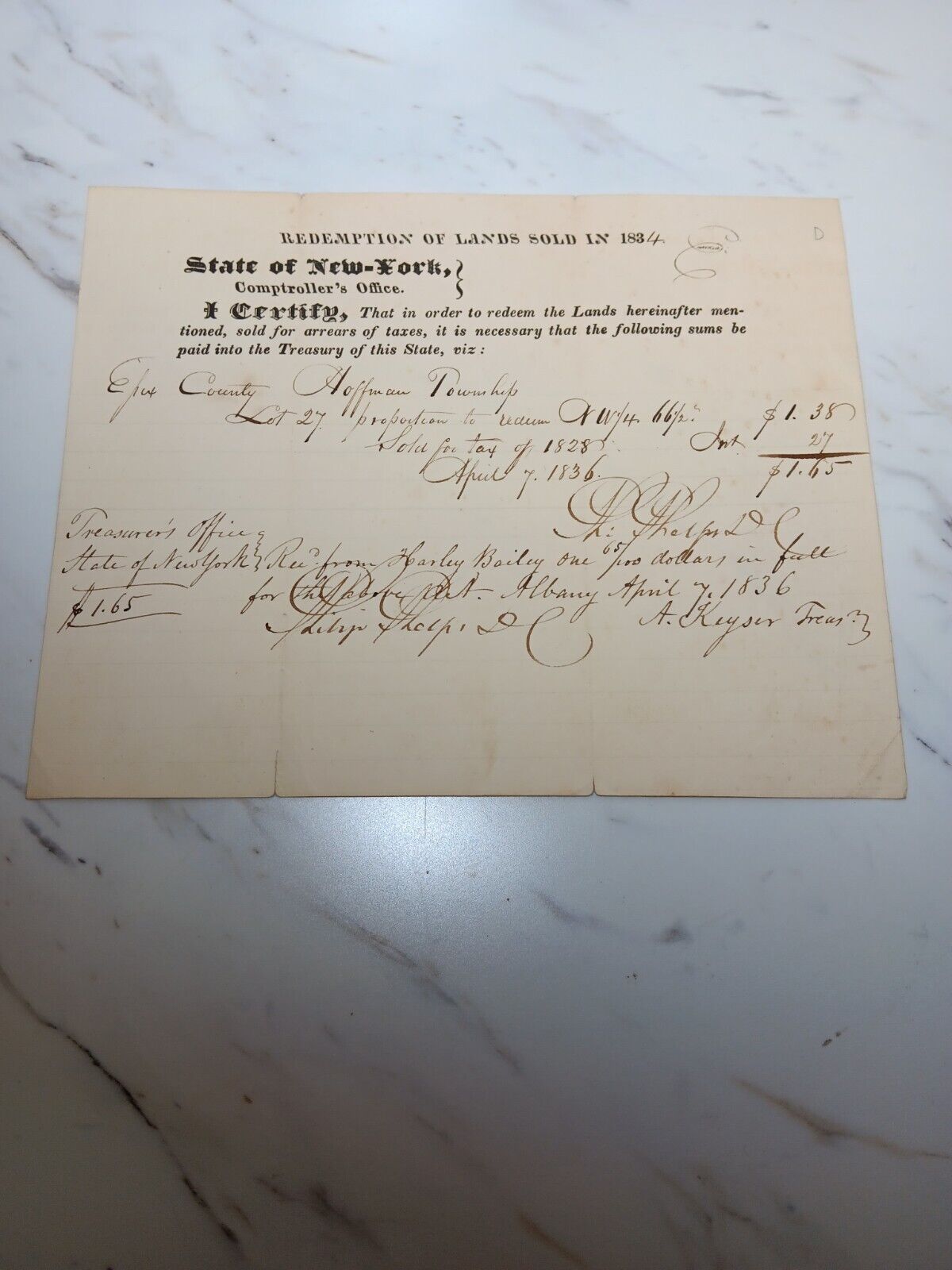 Antique 1834 State of New York REDEMPTION OF LANDS SOLD Certificate W Signatures