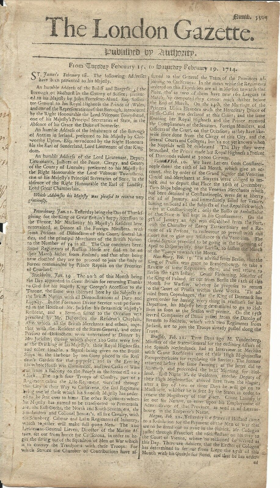 The London Gazette-1 Page News of Europe- 1714