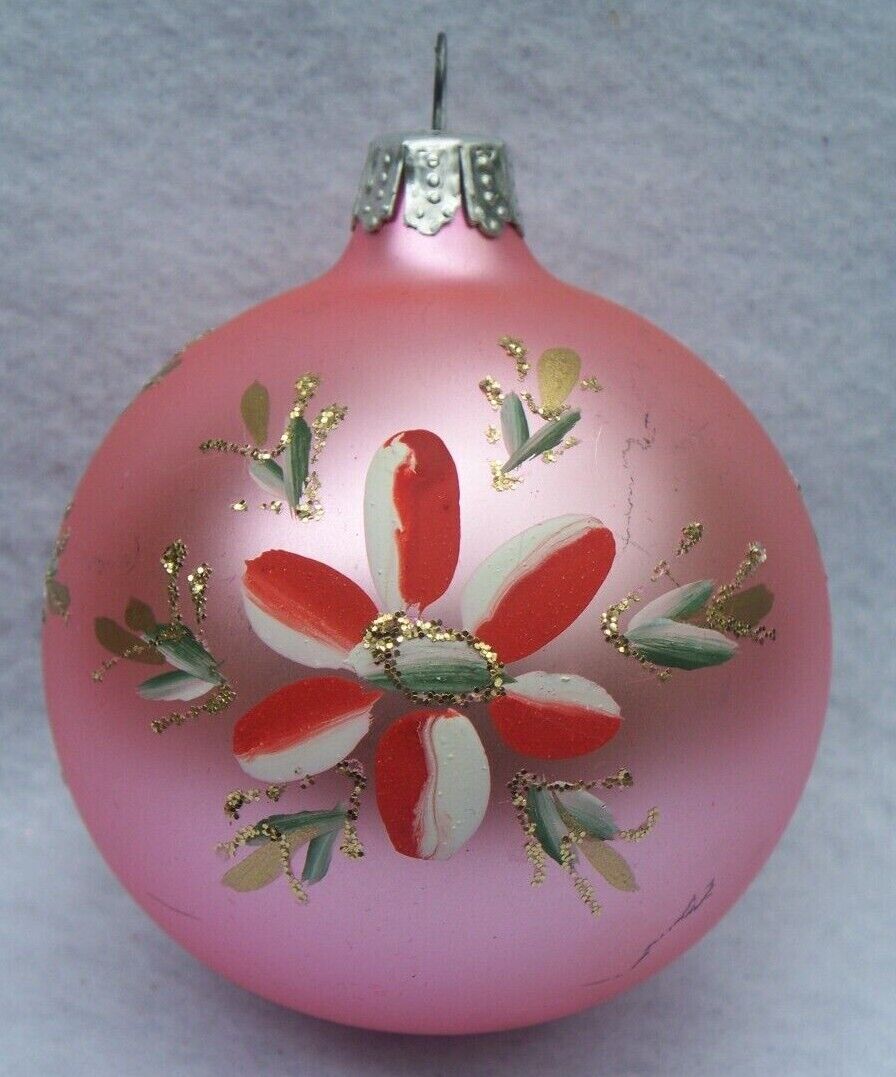 BEAUTIFUL ITALY HAND PAINTED FLOWERS PINK MERCURY GLASS CHRISTMAS ORNAMENT
