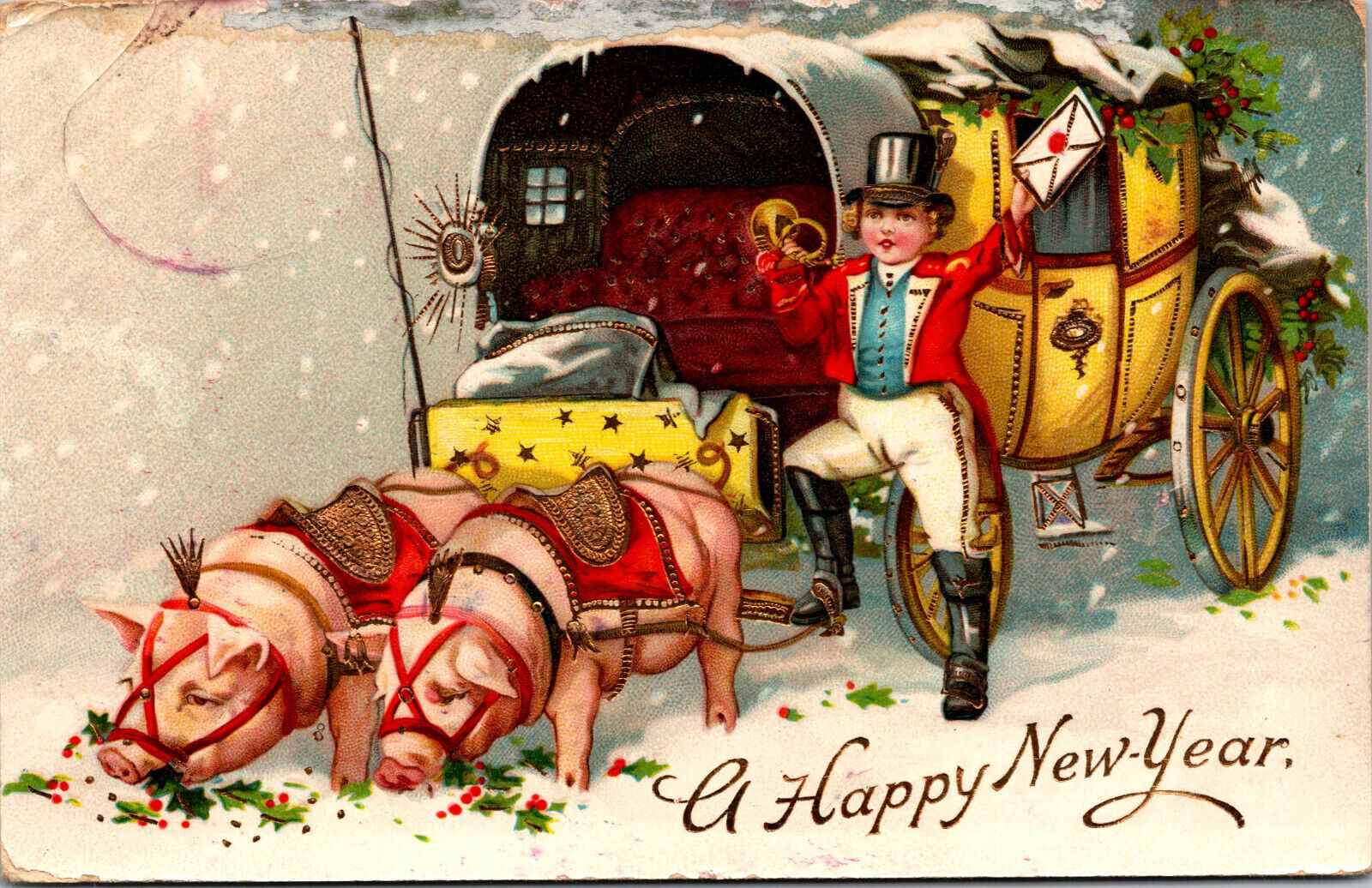 Vtg 1910s Happy New Year Pigs and Carriage Gel Gold Gilt Embossed Postcard