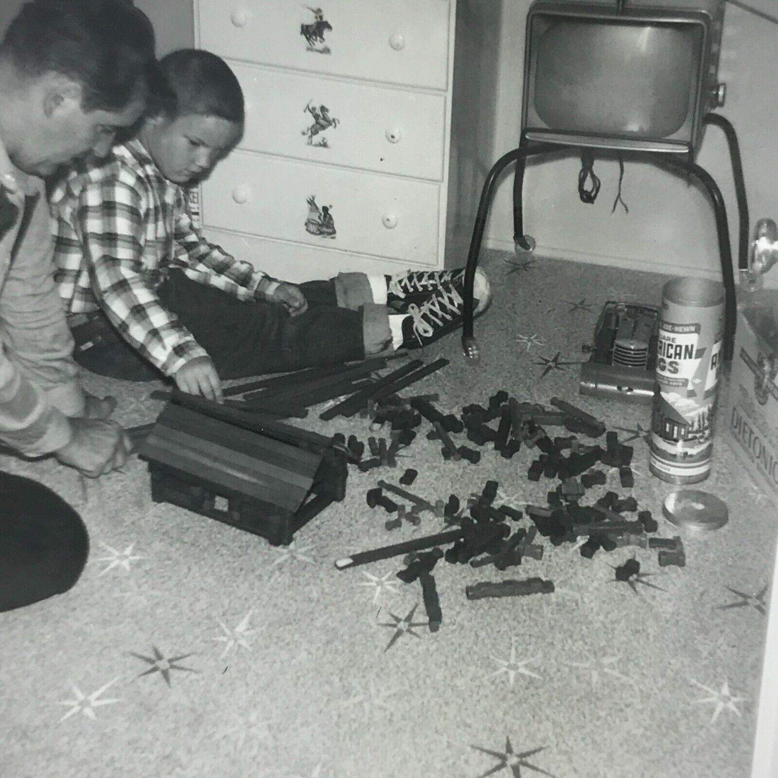 Vintage 1960 Black and White Photo Boys Playing With Building Logs Toy Floor