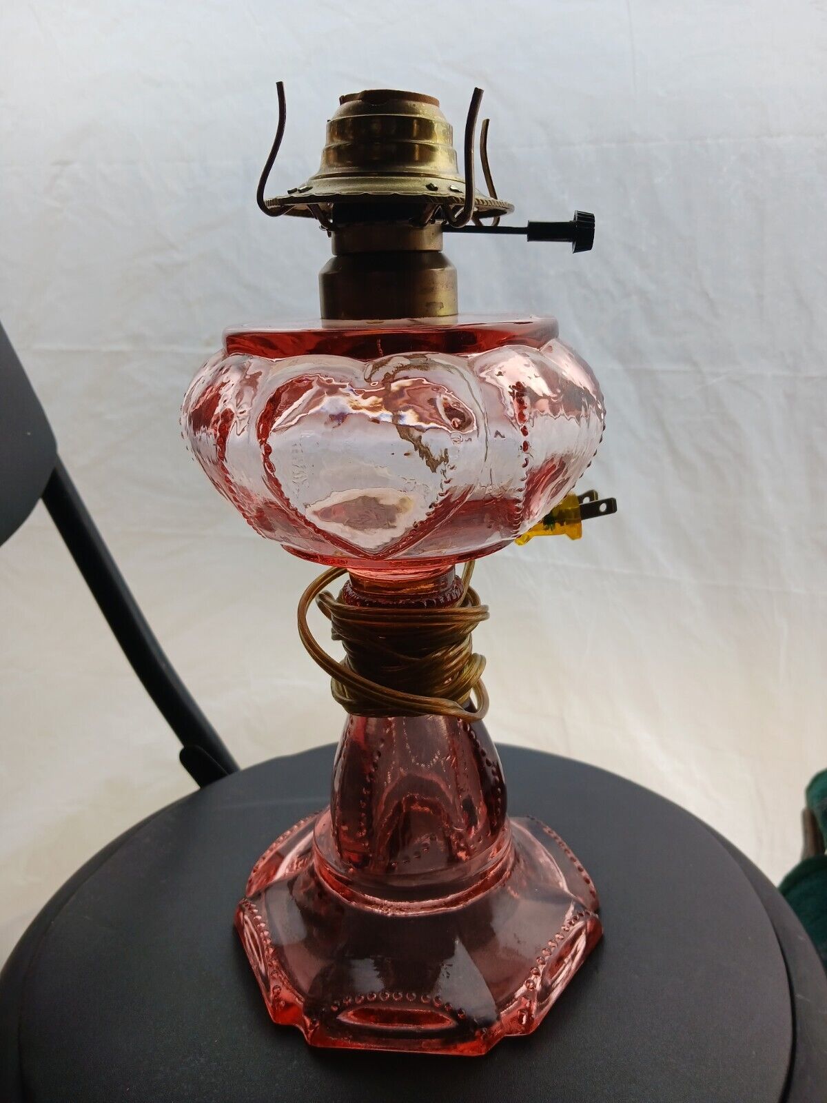  Large Antique Pink  W/Hearts Oil Lamp Base. Electrified. 