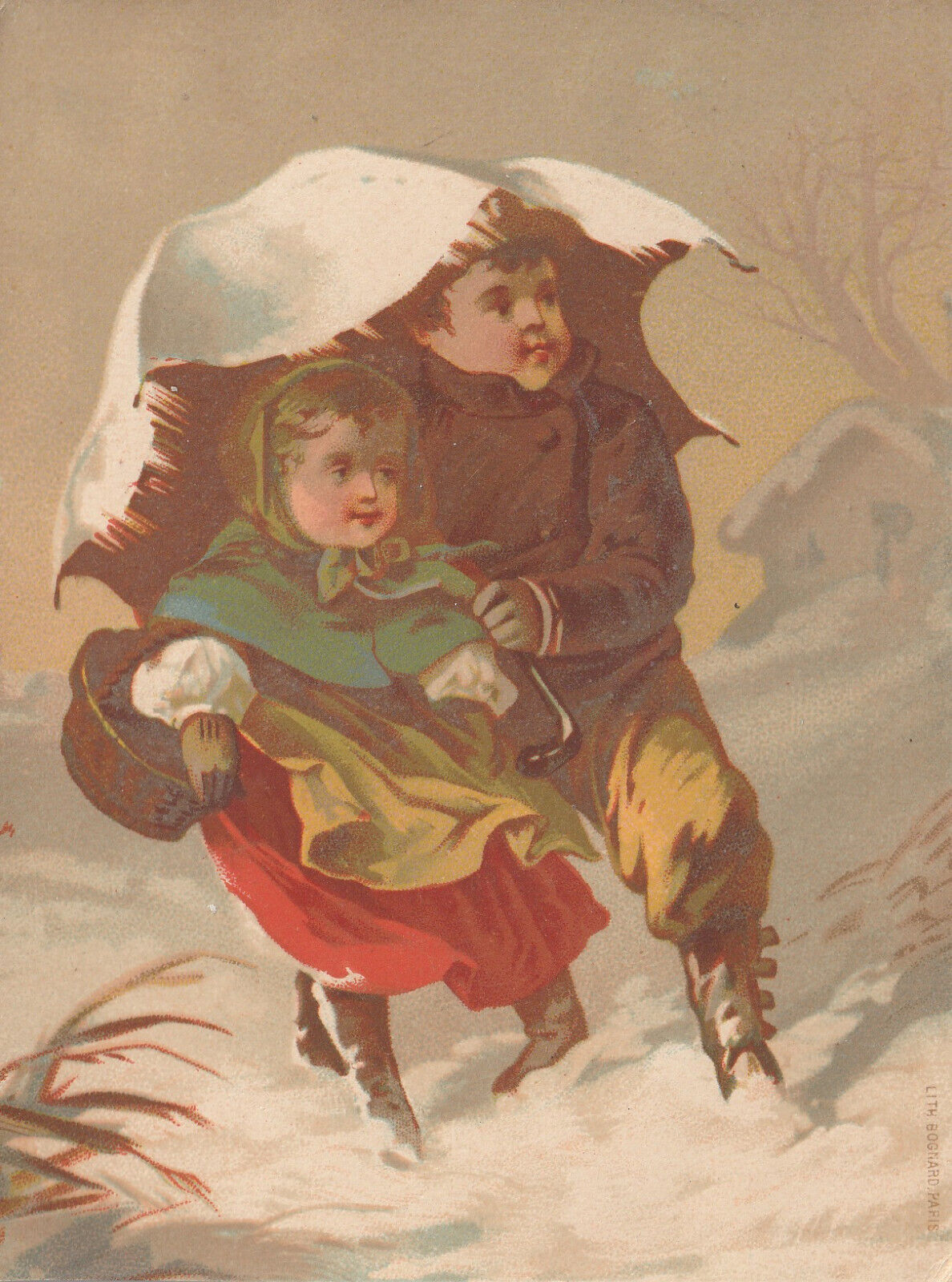 Victorian Stock Trade Card Children Under Umbrella in Snow Storm - Bognard Paris