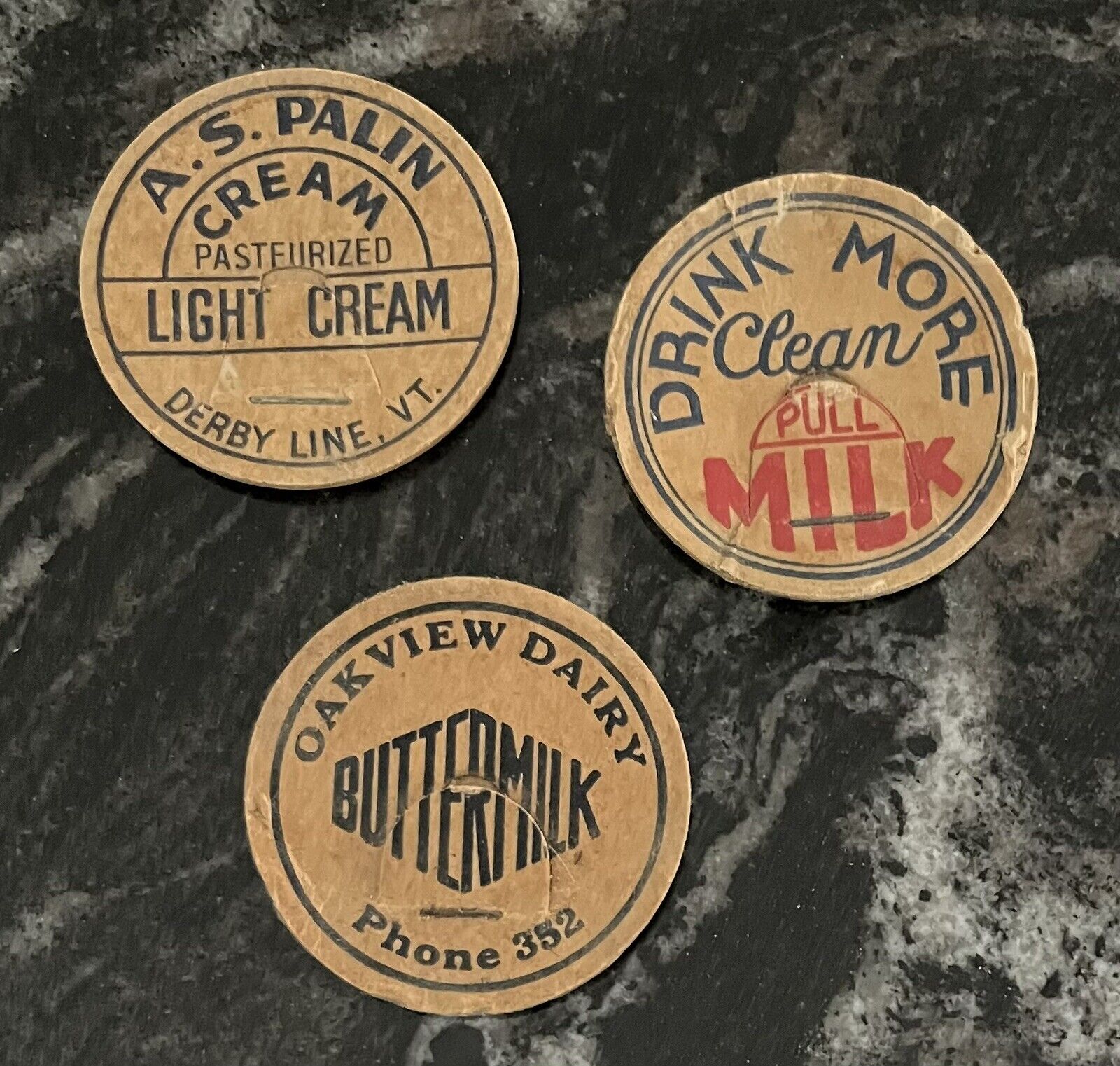 3 Vintage Dairy Cream Bottle Caps Palin, Drink More Clean Milk, Oakview Dairy