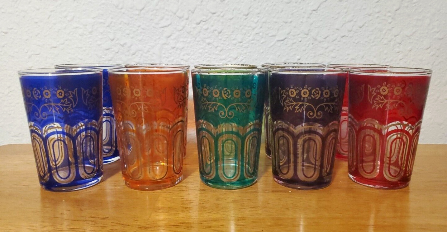 Vtg MCM Moroccan Tea Glasses Set of 10 Assorted Colors Alhambra Design 1950\'s