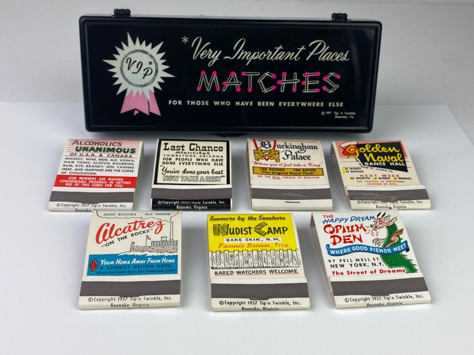Vintage 1957 VERY IMPORTANT PLACES Novelty Gag Matches w/ Box TIP ‘N TWINKLE