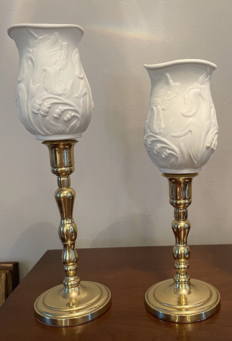 Vintage Partylite Brass Ivory Bisque Porcelain Iris Votive Candlesticks Holders