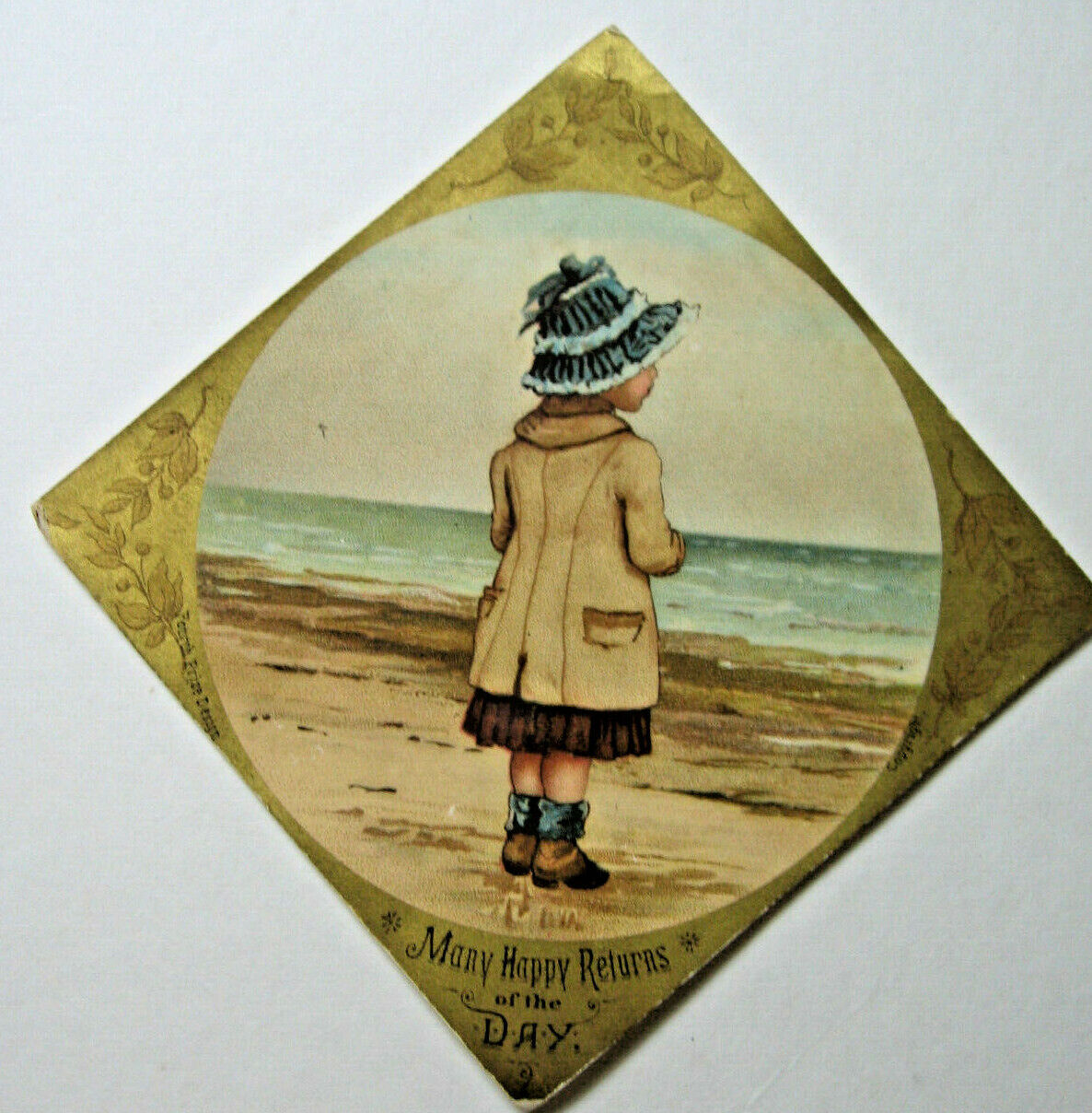 Two 1880\'s era Diamond Shaped Birthday Greeting Cards with Boy & Girl on Beach