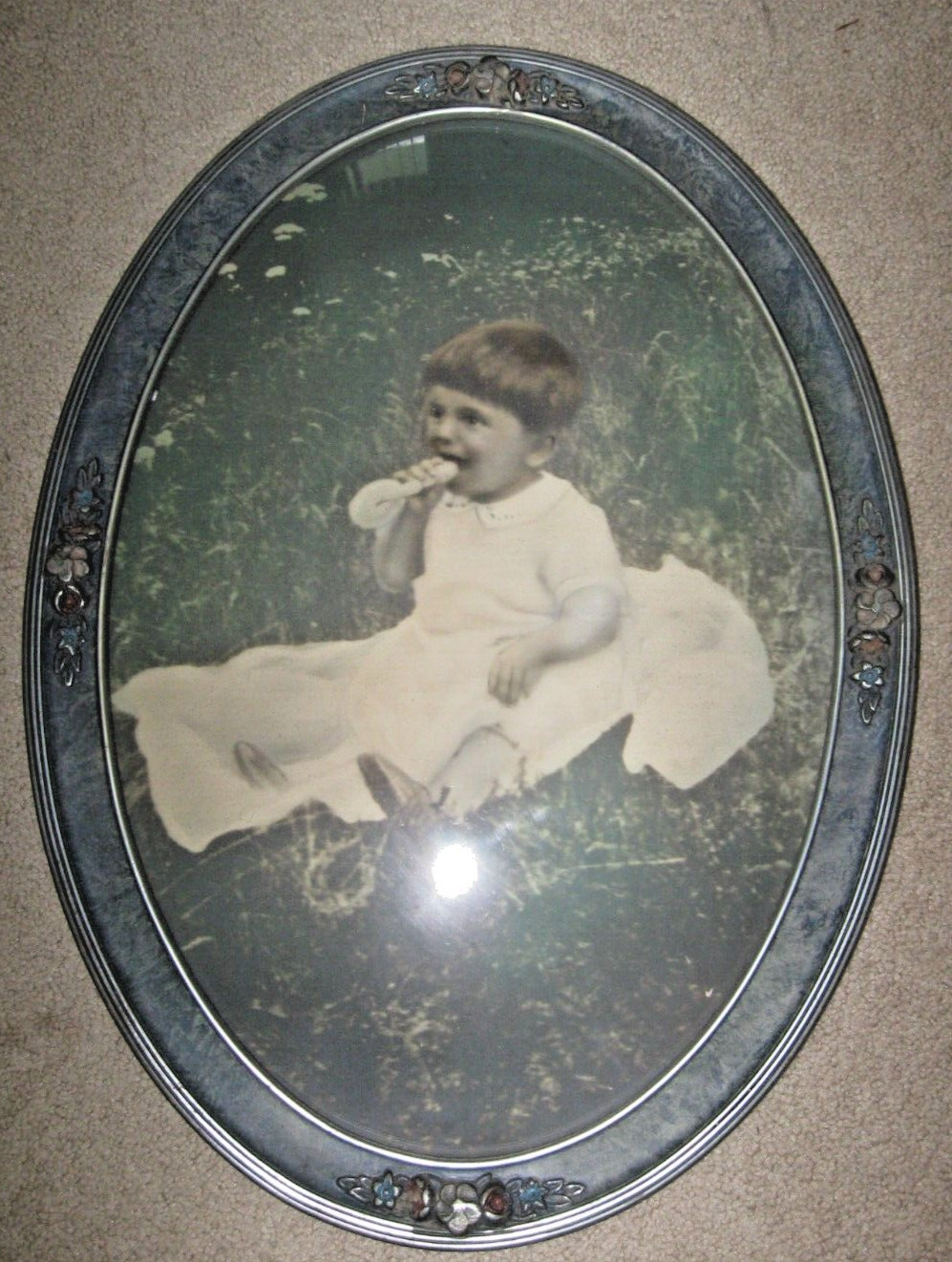 Vintage Wooden Oval Large Picture Frame Convex Bubble Glass Child Baby Victorian