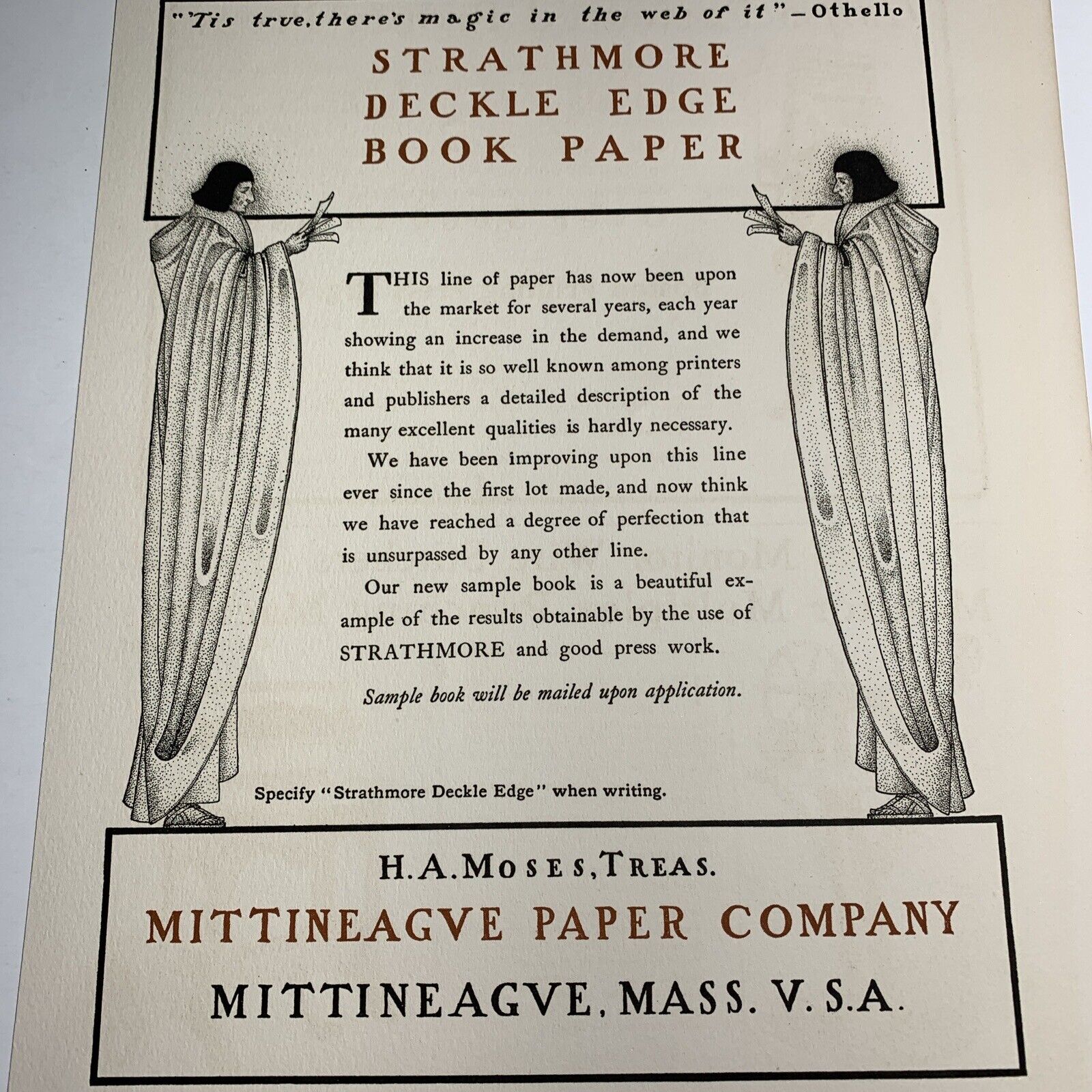C 1910 Mittineague Massachusetts Paper Company Cover Artwork Poster Sign￼
