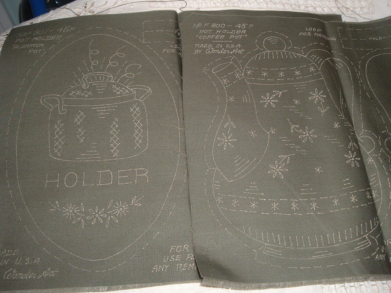 Vtg 40s Coffee Pot & Soup Pan Potholders Stamped On Olive Green Embroidery PB11
