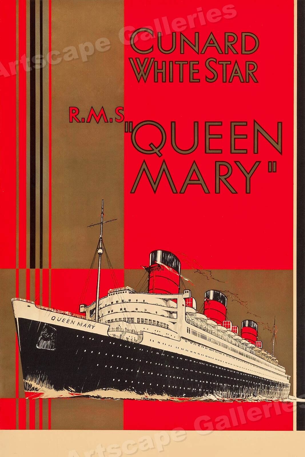 1936 Cunard Line White Star Queen Mary Vintage Style Travel Poster - 20x30