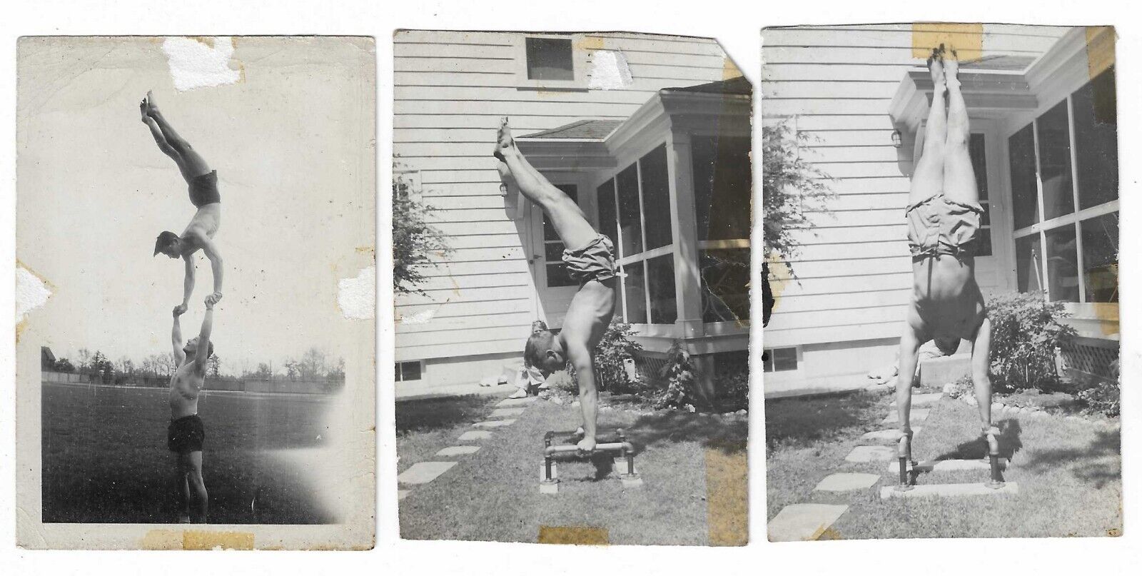 3 Ca. 1920s Male Muscular Headstand Photos Snapshot Athletic Body Gay Vintage