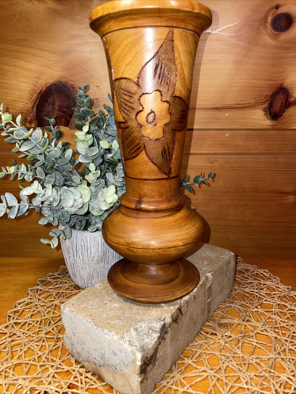Vintage Hand Carved Floral Turned Wood 10 Inch Pedestal Vase Vessel