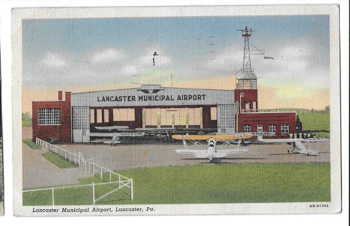 Lancaster PA Municipal Airport Airplanes Linen Postcard PM 1946