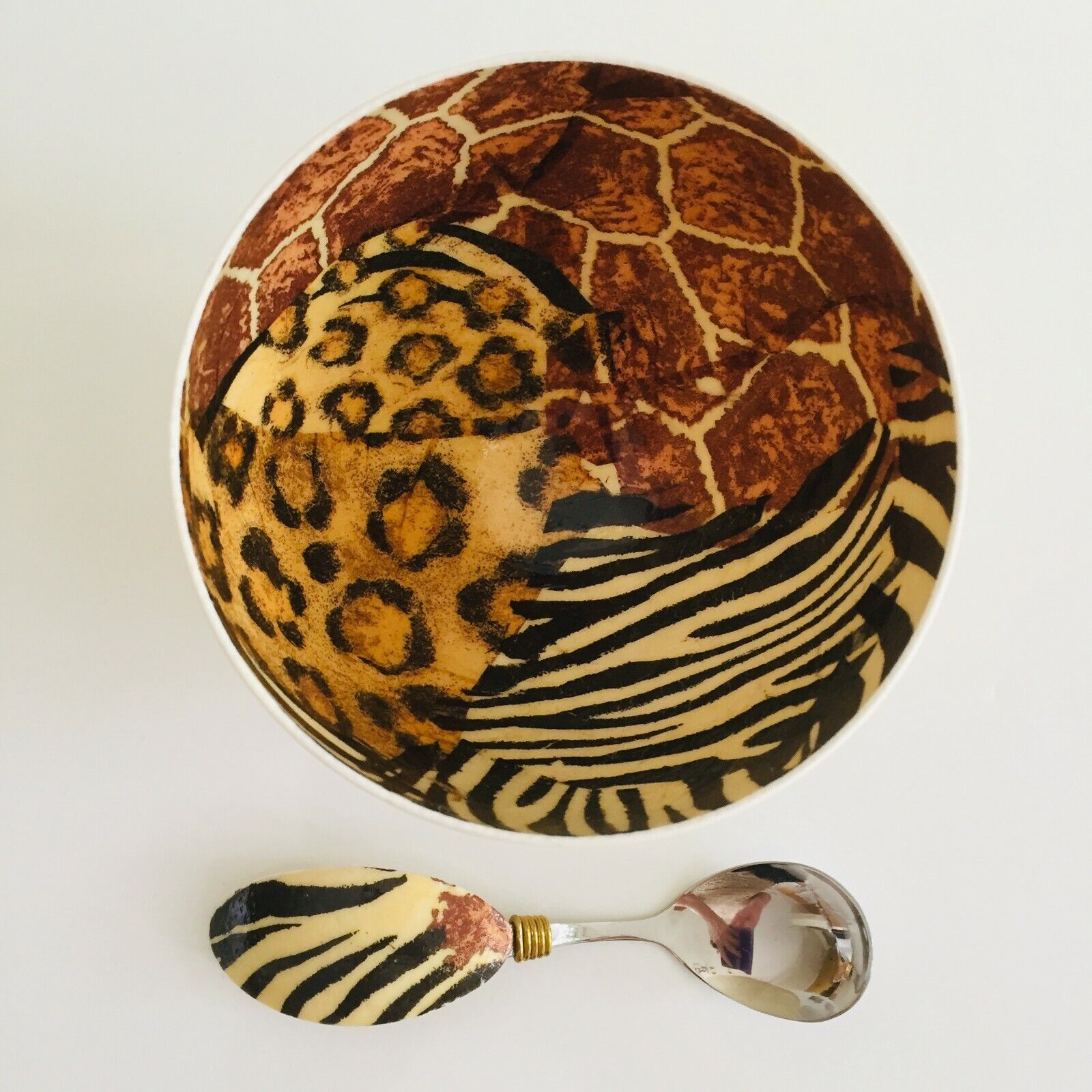 Worx of Africa Ostrich Egg Bowl & Spoon Animal Print Footed Aluminum