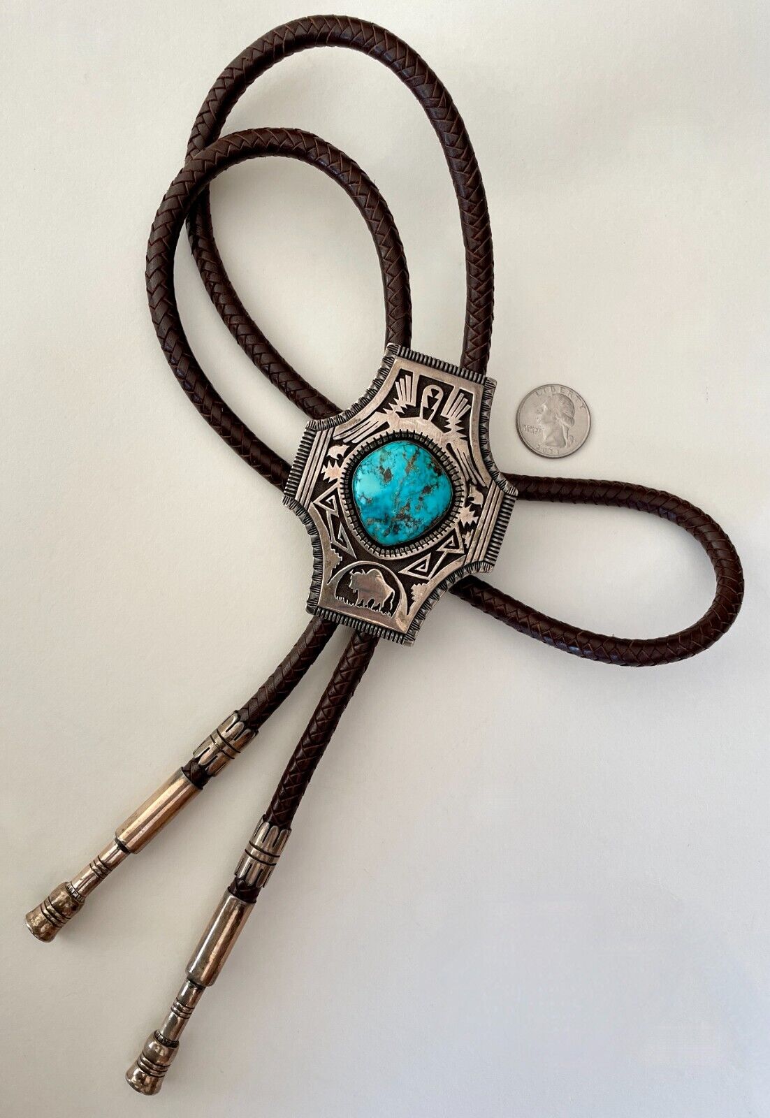 IMPORTANT Leonard Haskie Navajo Native American Turquoise Sterling Bolo Tie 118g