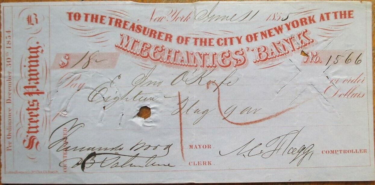 FERNANDO WOOD 1855 Autograph/Signed Check - New York City, NY Mayor/Congressman