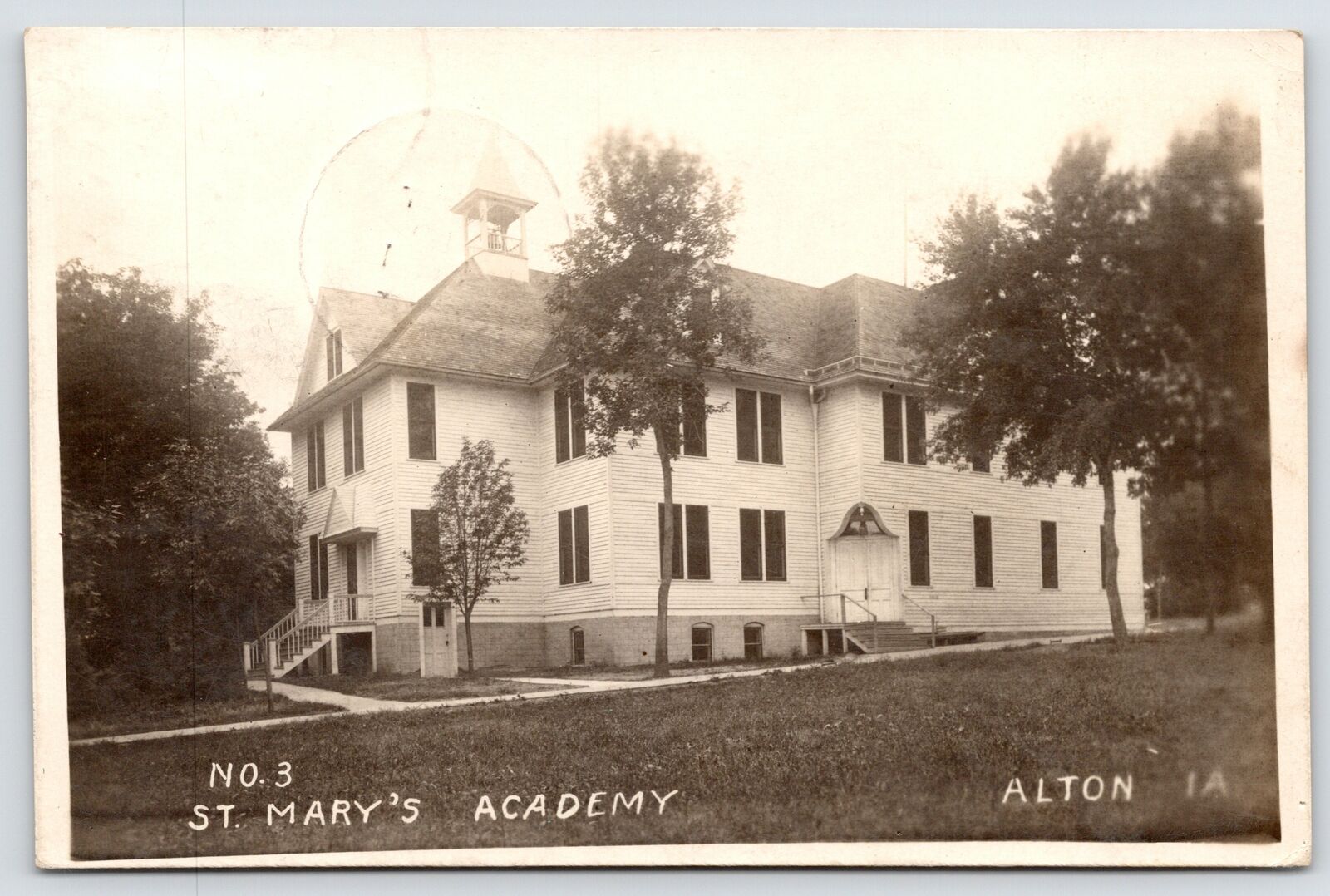 Alton Iowa~St Mary\'s Academy~Cupola, Two Entrances~Summer Shade Trees~1914 RPPC