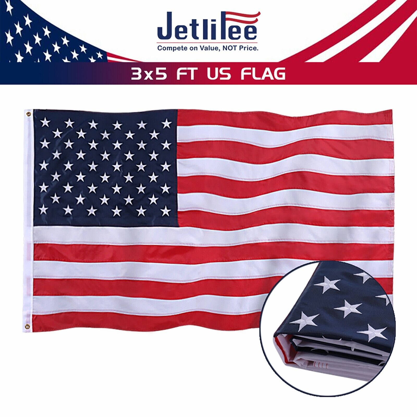 Jetlifee American Flag 3x5 ft US USA Flag UV Protected Embroidered Stars NYLON