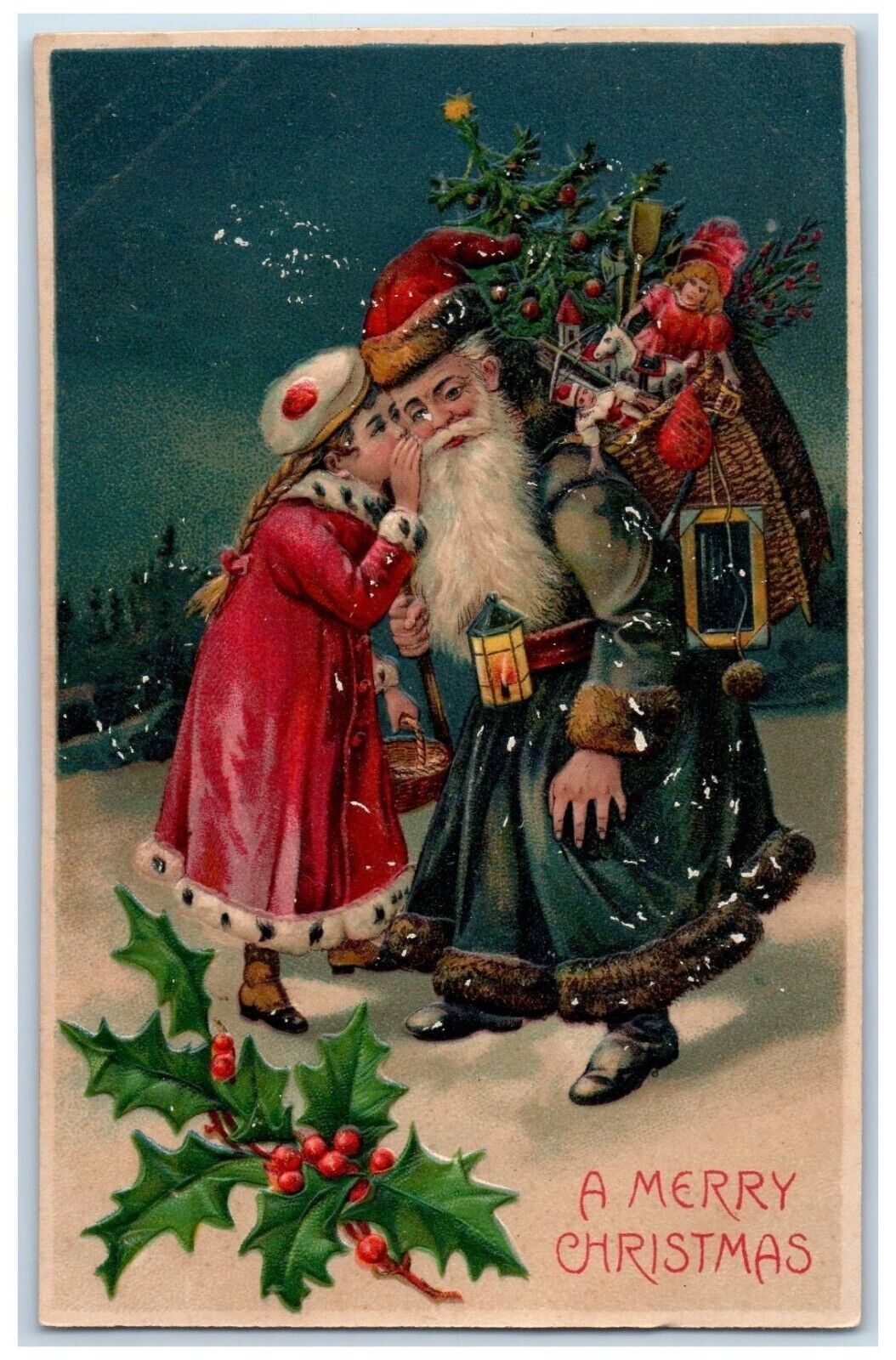 c1910's Christmas Blue Black Robe Santa Claus Sack Of Toys Berries Postcard