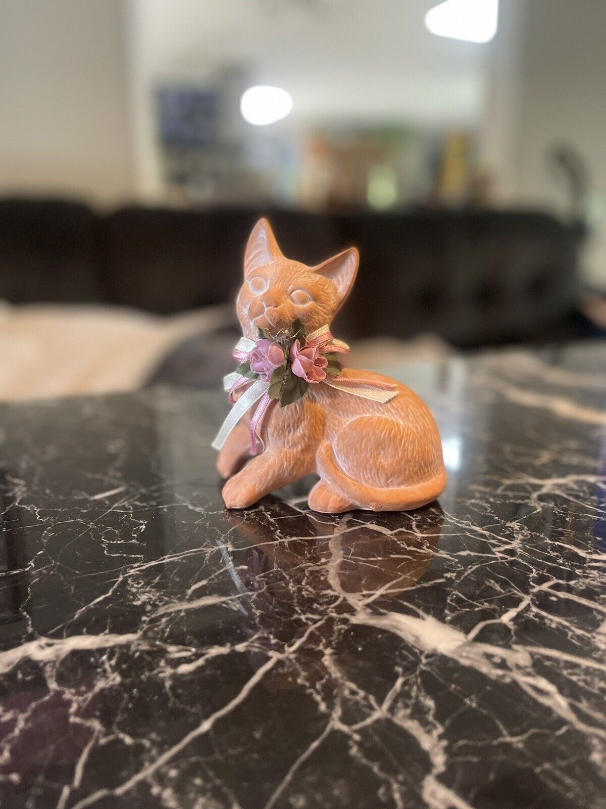 Vintage Porcelain Cat Figurine With Flower Bow 5.25” Tall