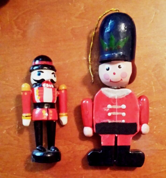 Vintage Lot Pair of Two Wooden Toy Soldier Ornaments Christmas Tree Holiday