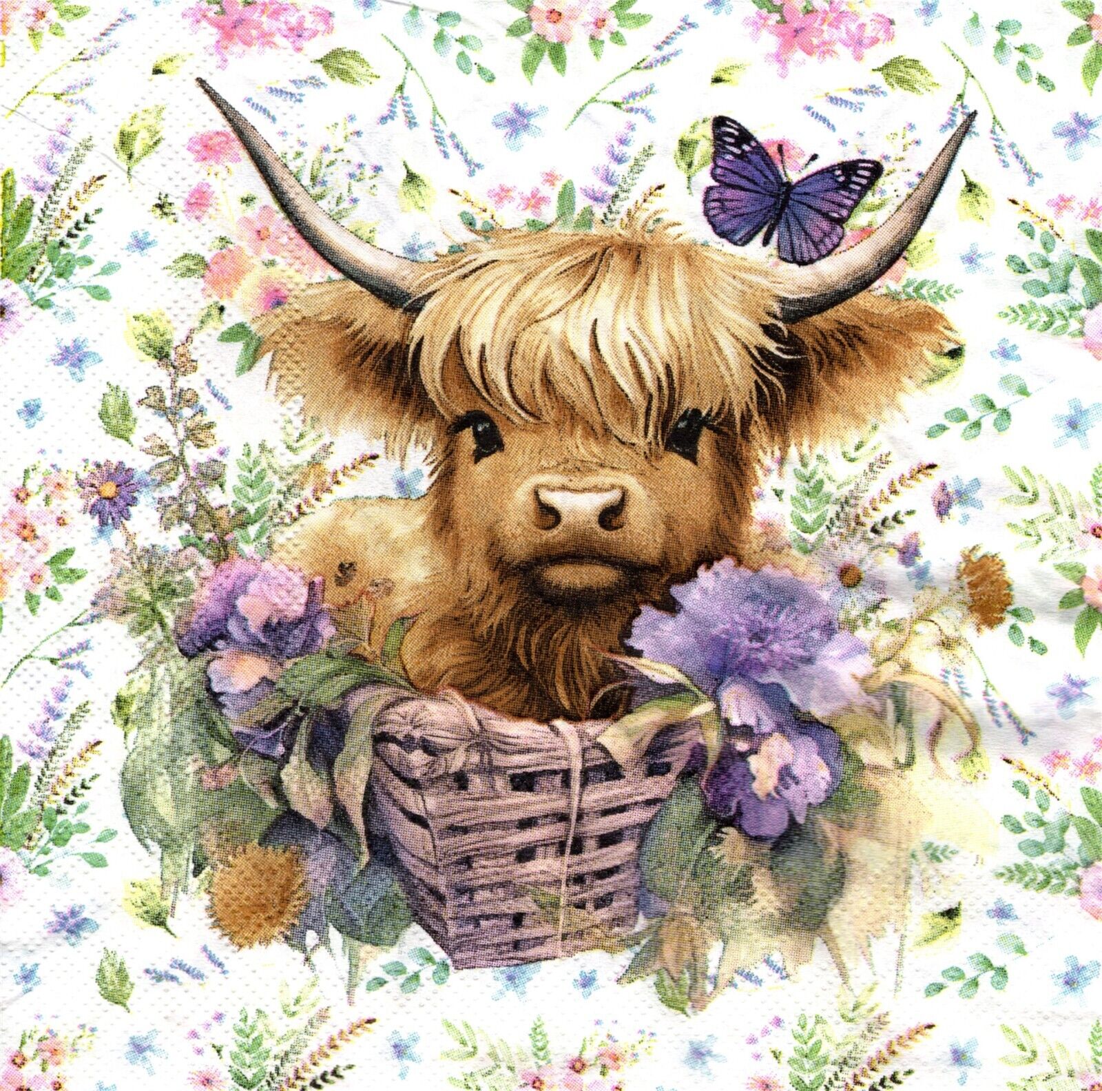 (2) Two Paper Lunch Napkins for Decoupage/Mixed Media, Highland Calf Basket cow