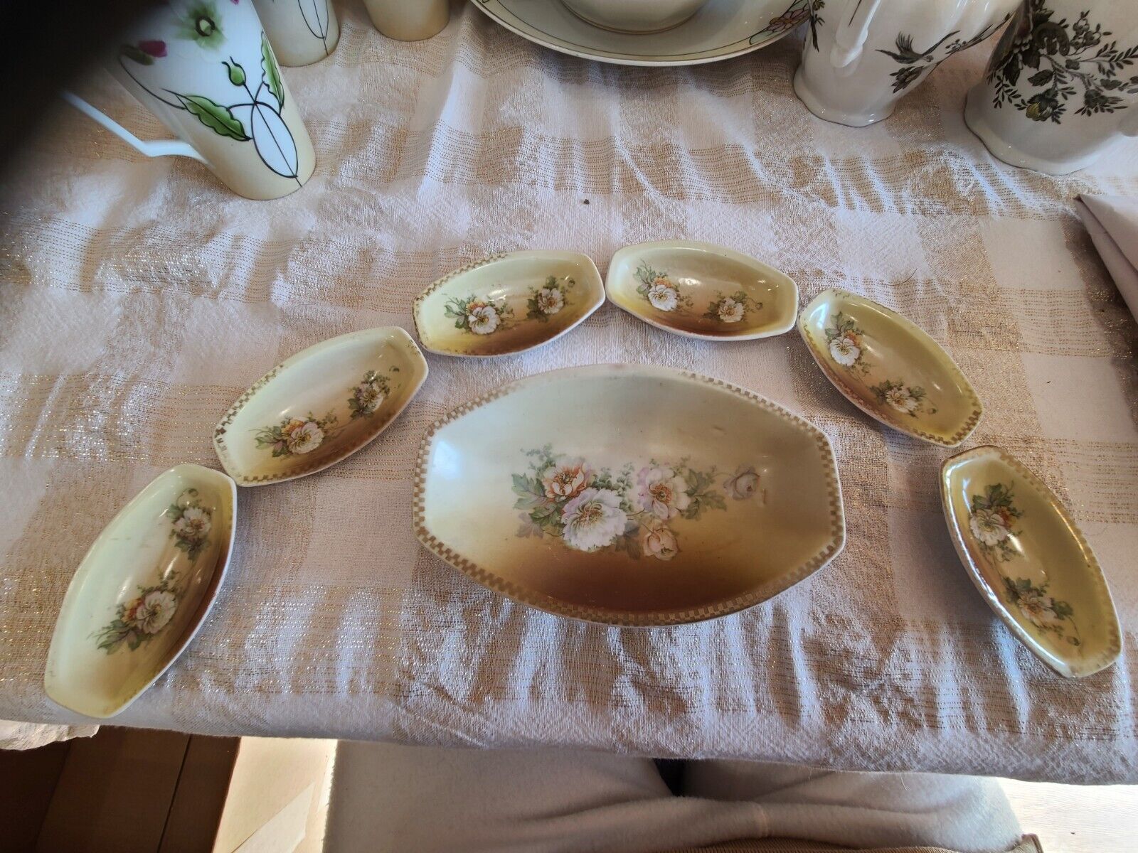 Three Crown China Germany Oval Bowl with 6 Matching Small Round Bowls 1906