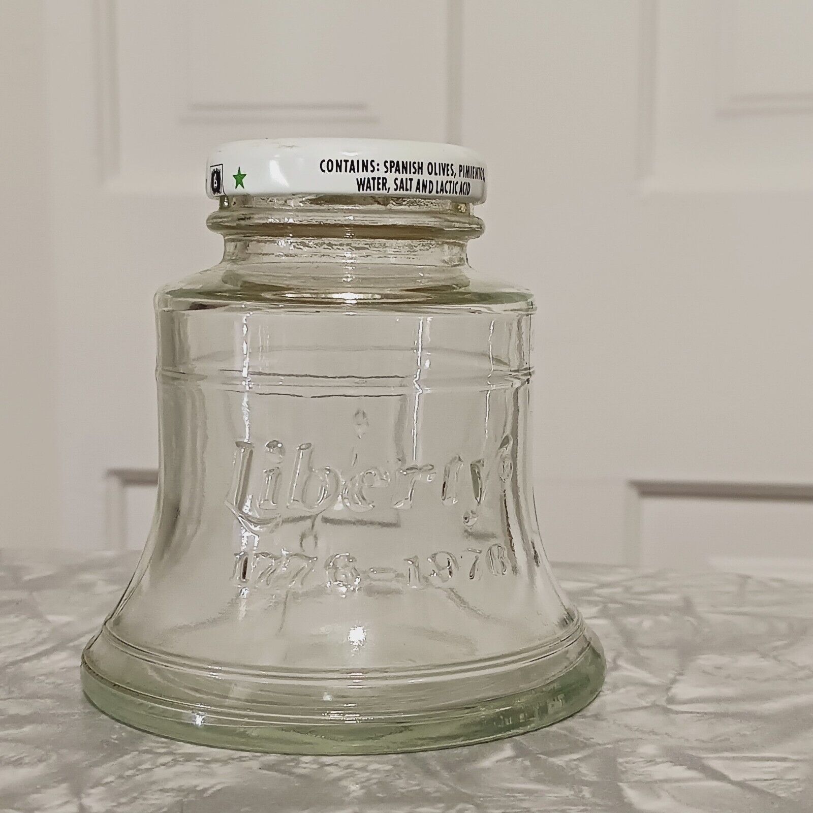 Vintage Old Grocery Liberty Bell Olives Jar Patriotic 1970s