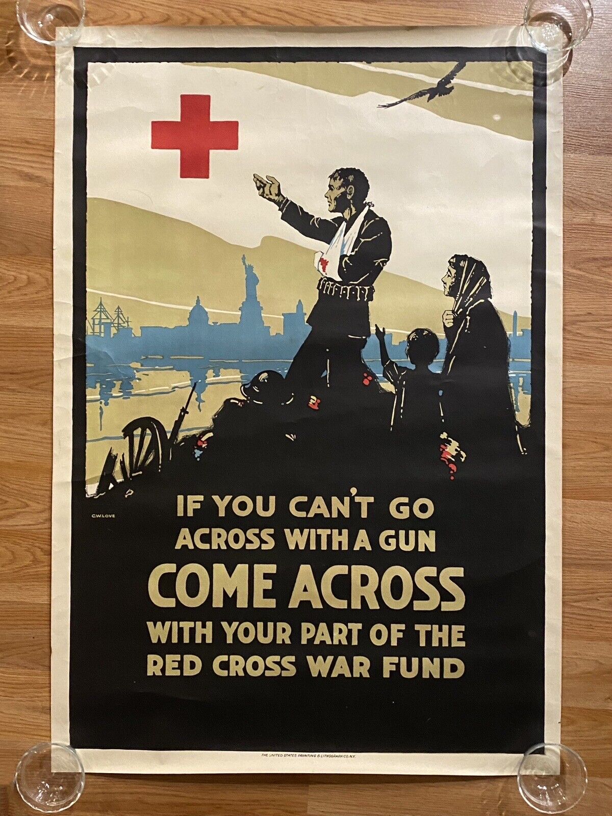 1917 Original WWI Poster Red Cross If You Cant Go Across With A Gun 28x40