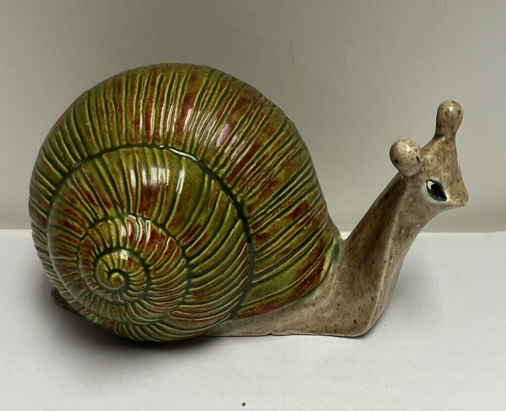 Vintage Ceramic Hand Painted & Signed Snail Figurine Red/Green Shell