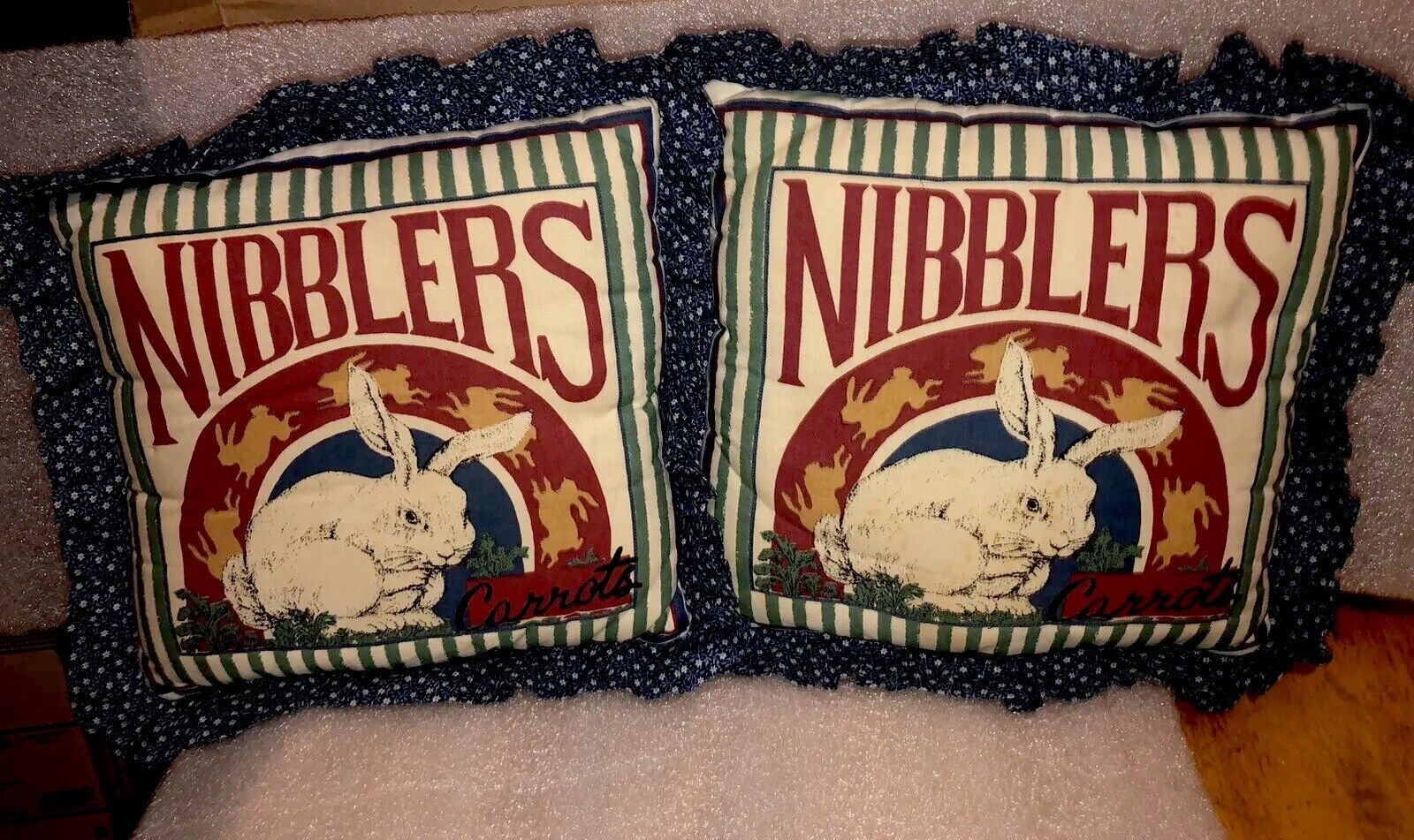 Vintage Primitive 2 Nibblers Striped Bunny Rabbits Pillows 10” X 10” Cute