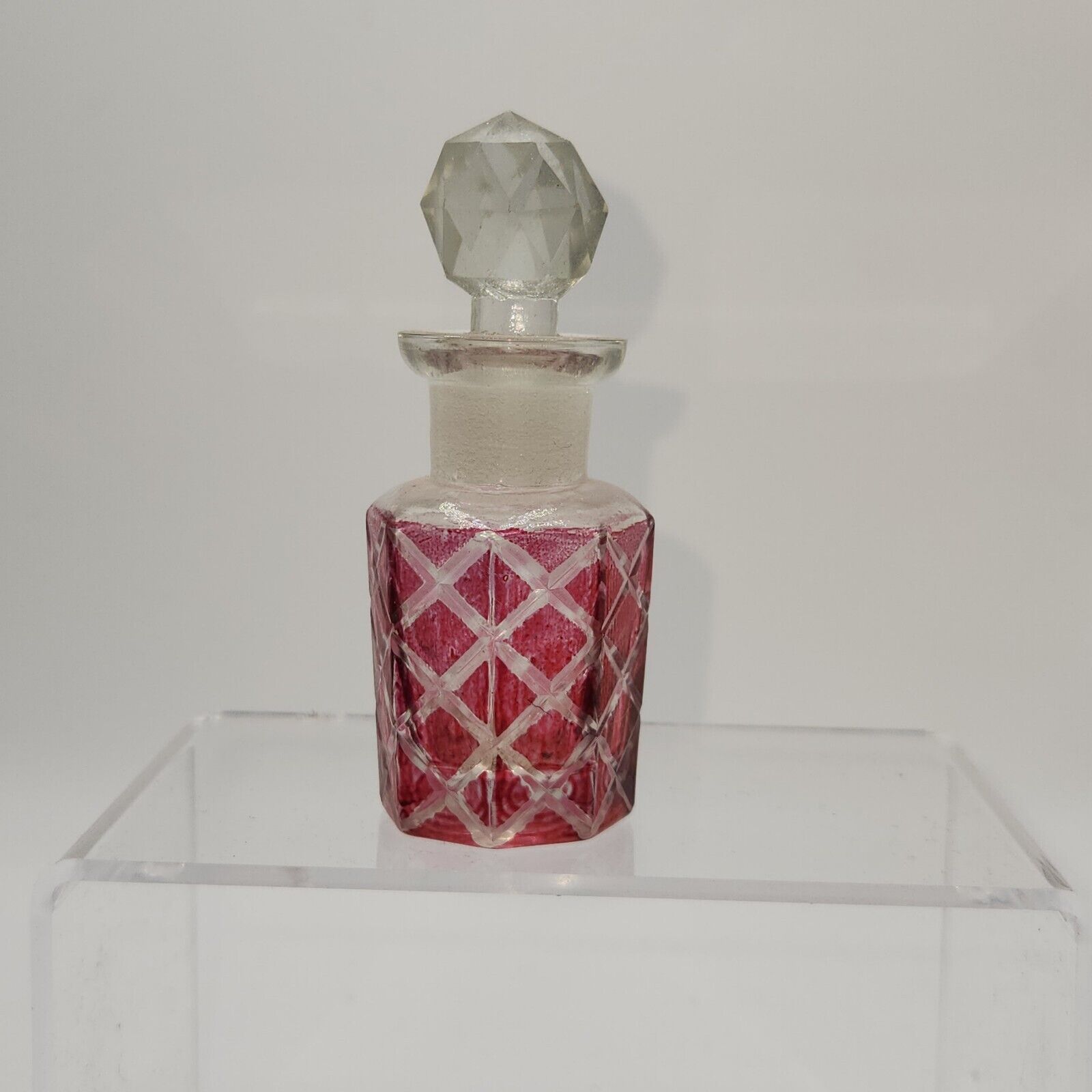 Vintage Cranberry Cut Glass Perfume Bottle Diamond Pattern w Stopper Vanity 5”