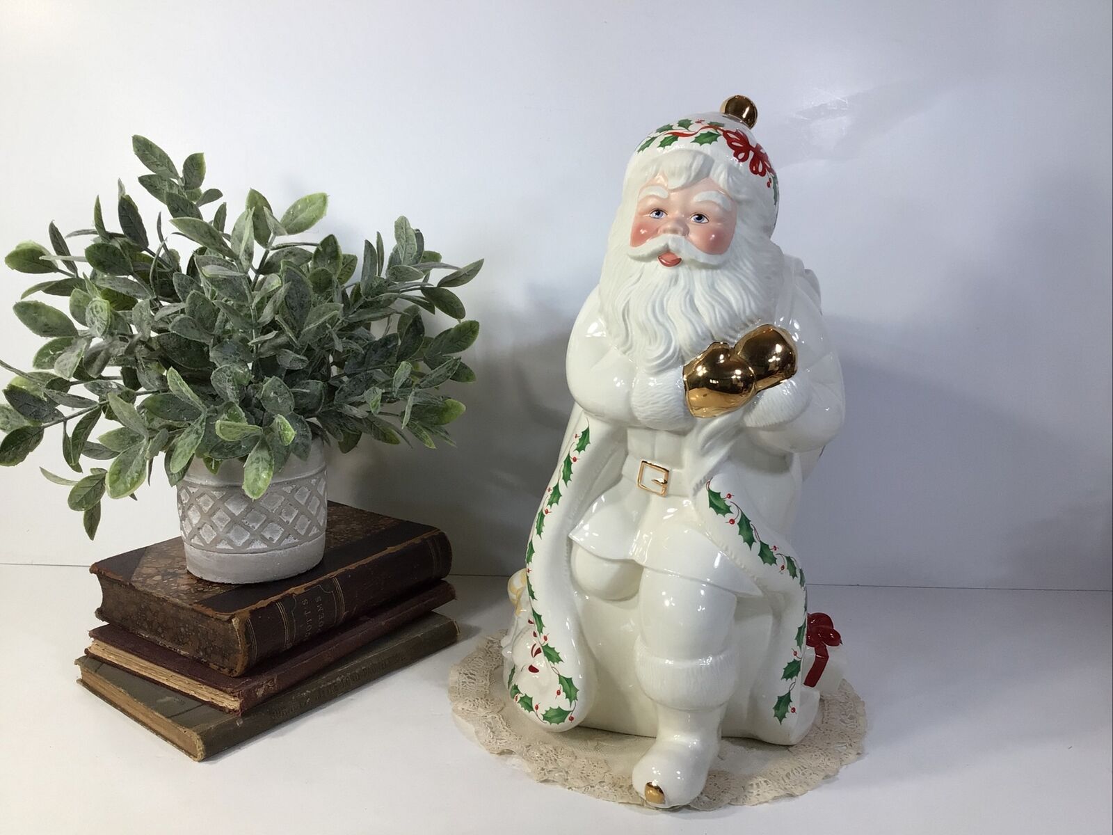 Vintage LENOX Holiday Santa Collection Cookie Jar ~ No Lid~ Beautiful Bargain
